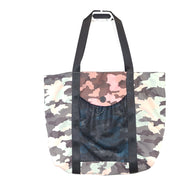 Multicolor Lululemon camouflage tote with pink, brown, green and blue panels and an internal label reading "items of importance".