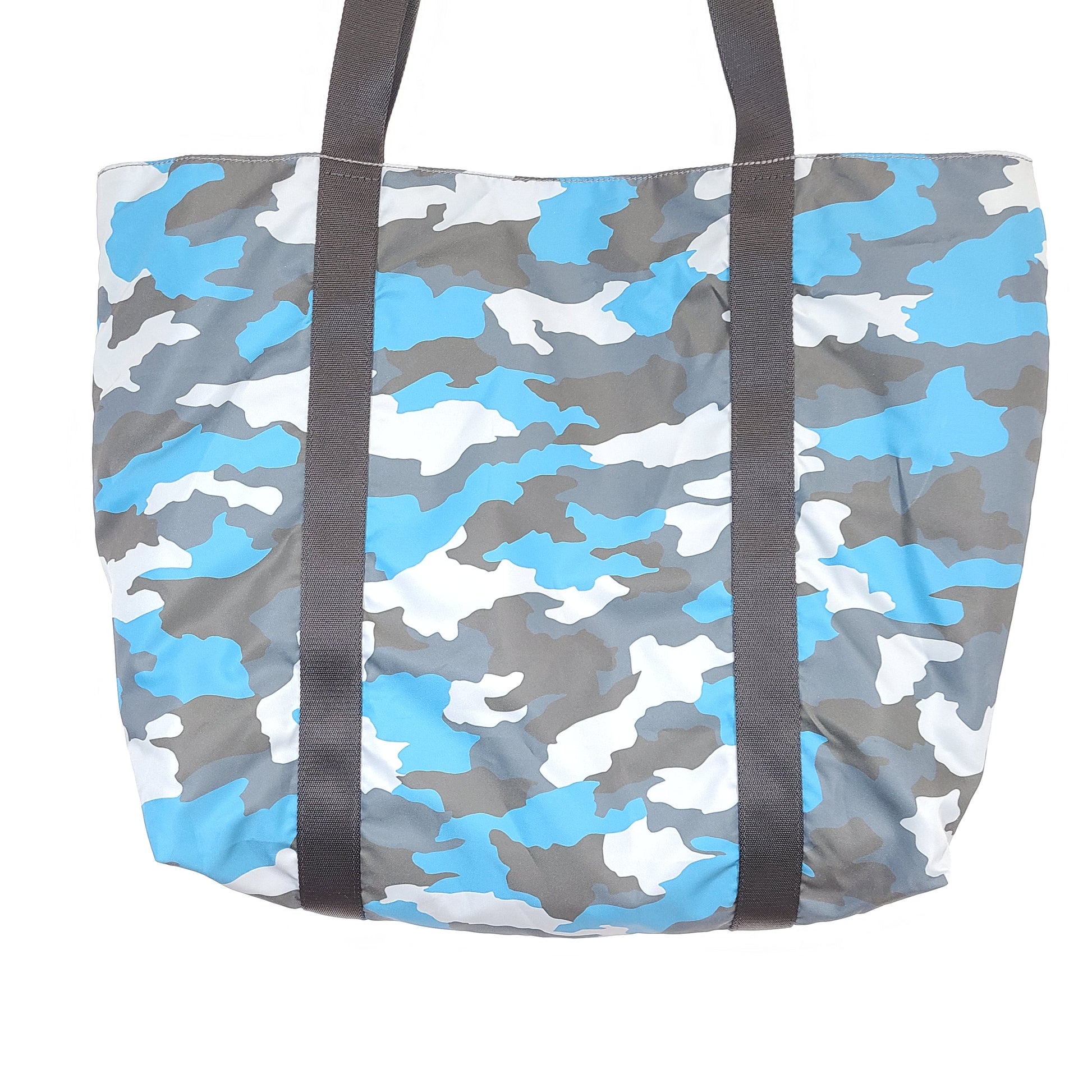 Multicolor Lululemon camouflage tote with pink, brown, green and blue panels and an internal label reading "items of importance".