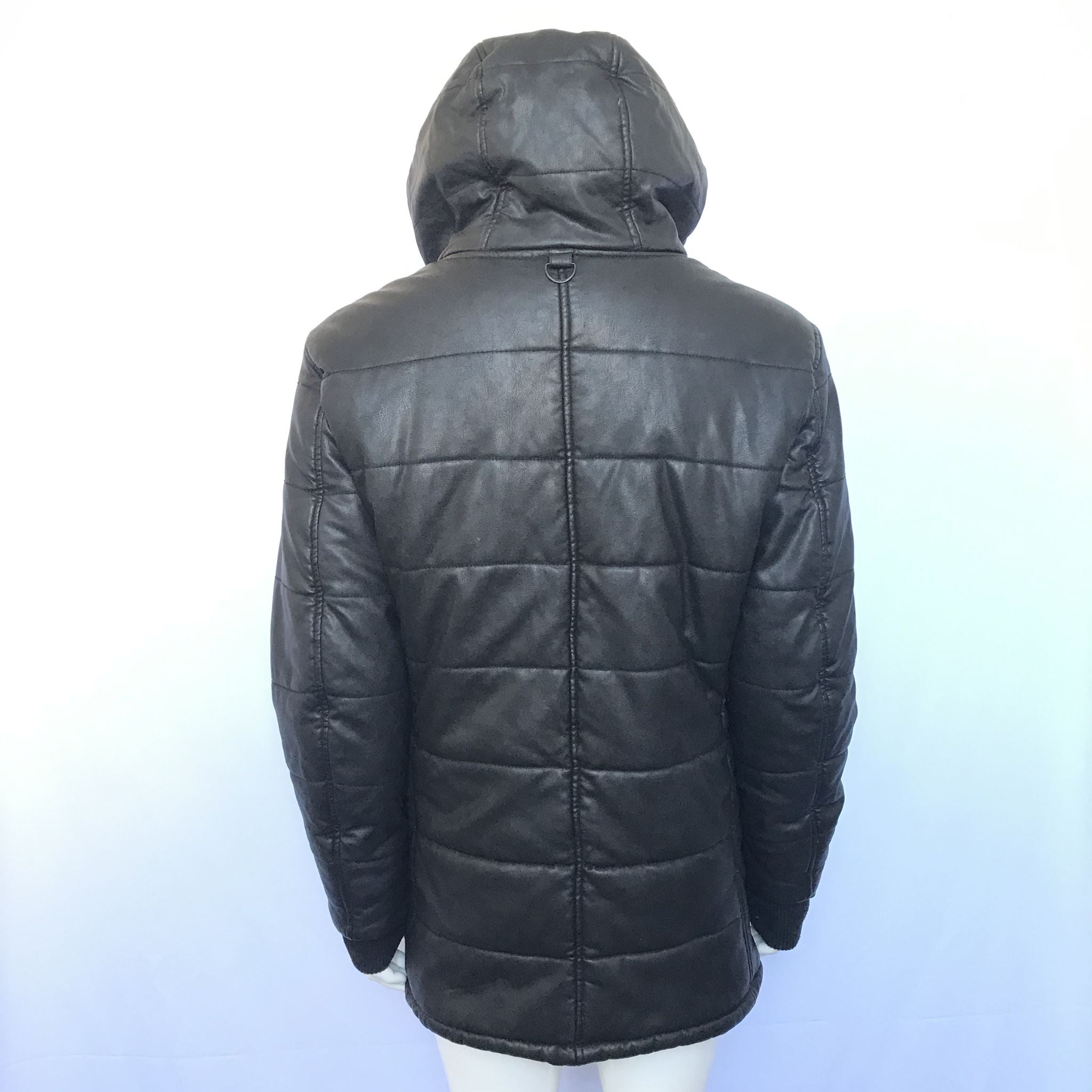 MNG Mango MAN Men's Faux Leather Hooded Puffer Parka Black Sz M