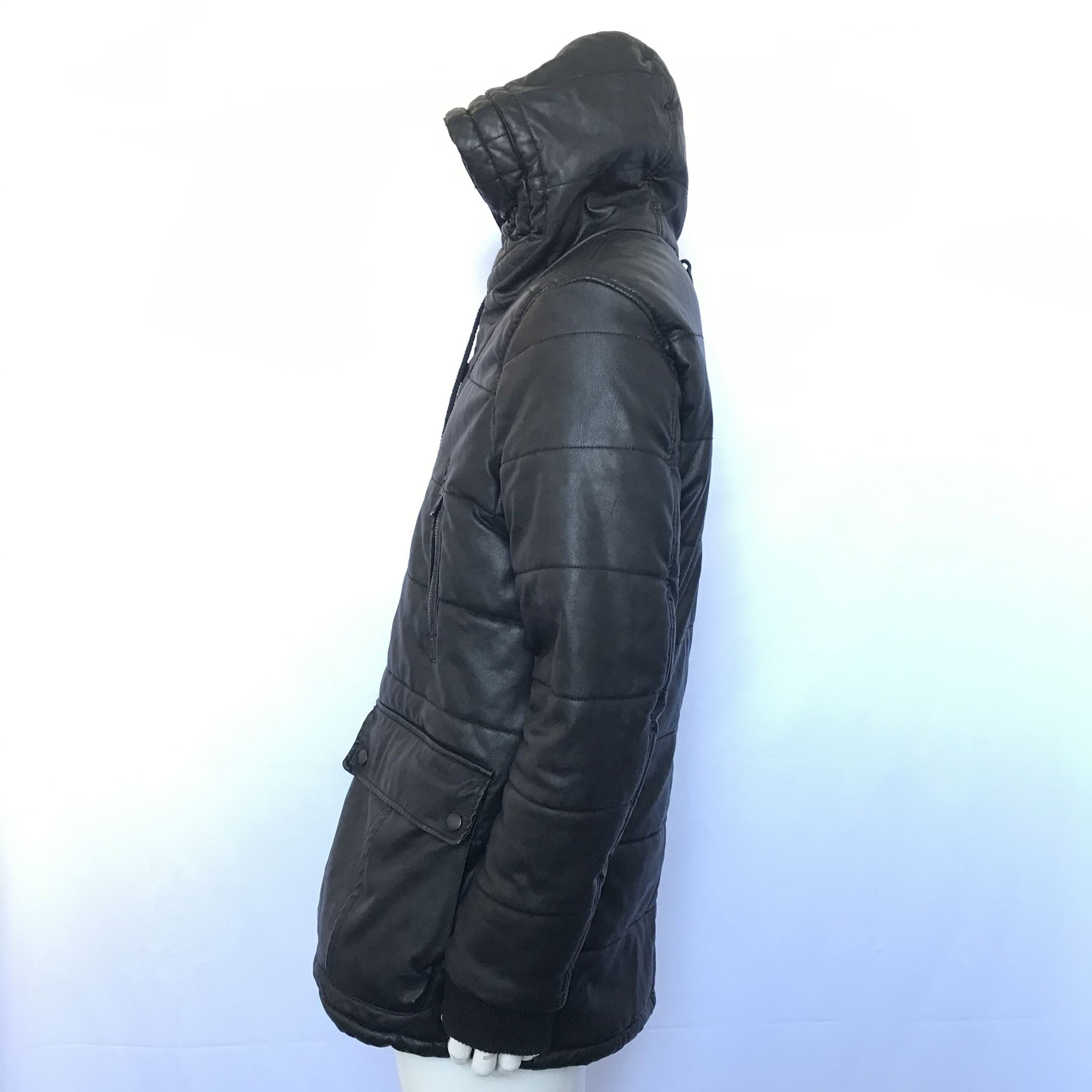 MNG Mango MAN Men's Faux Leather Hooded Puffer Parka Black Sz M