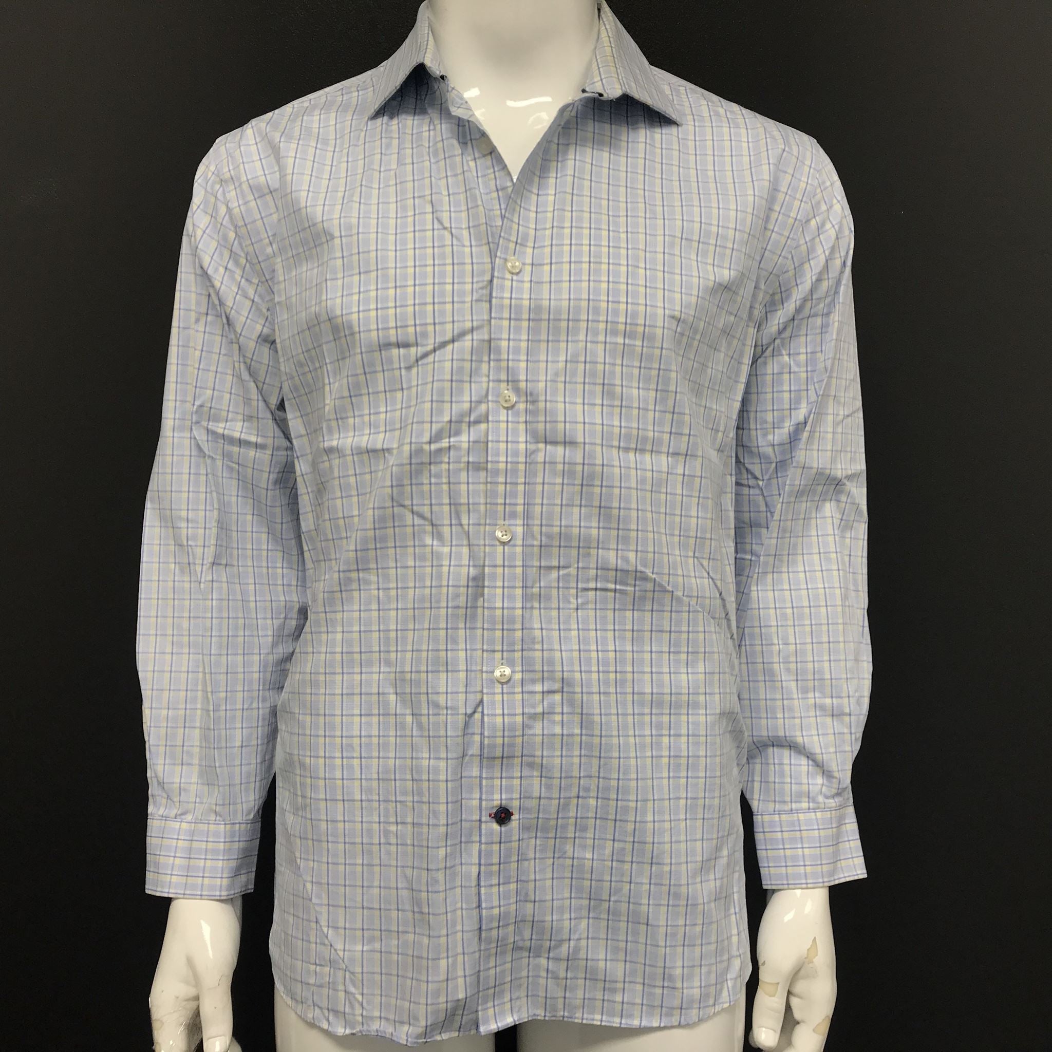 Tommy Hilfiger Men's Buttoned Dress Shirt Blue White Yellow Checks Sz 17