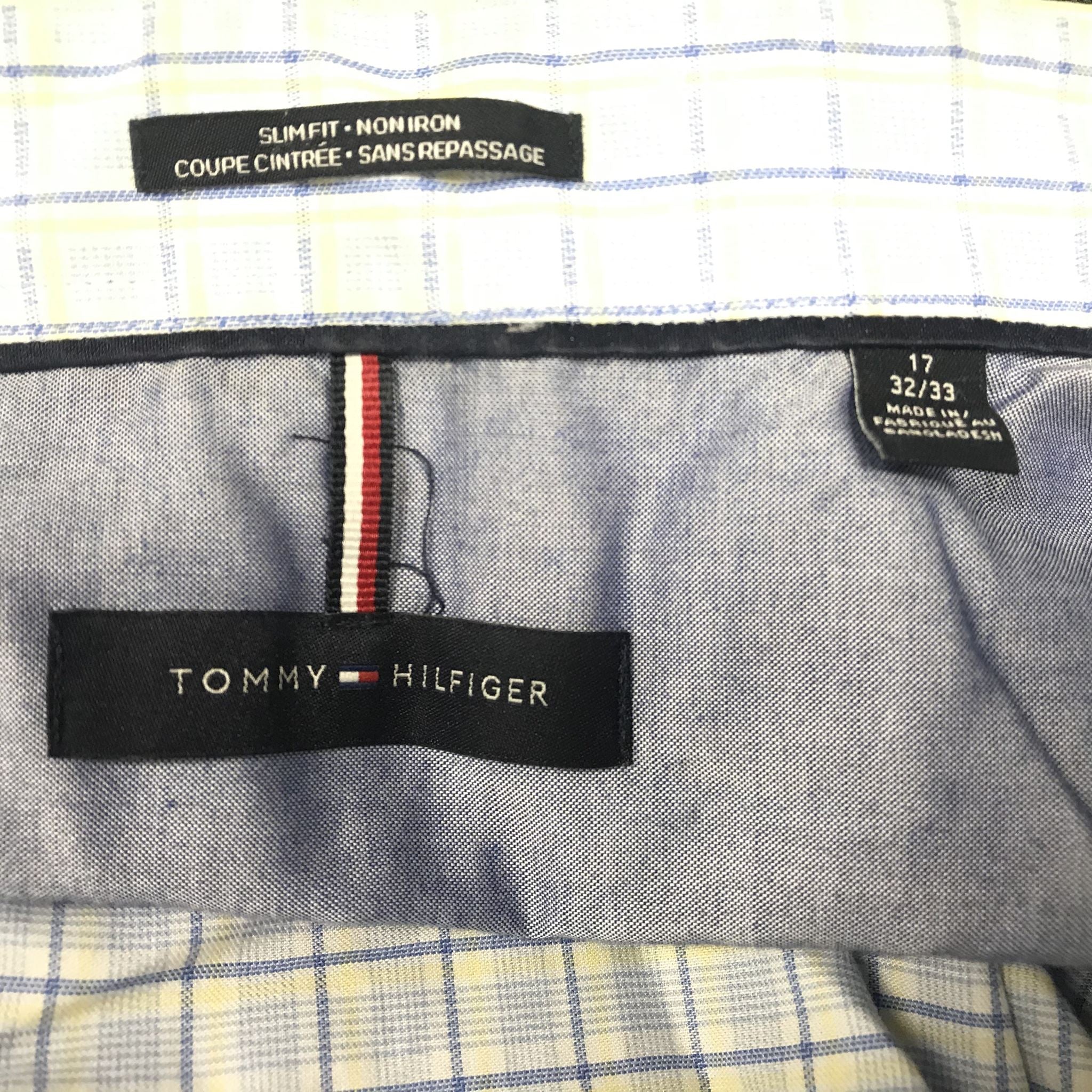 Tommy Hilfiger Men's Buttoned Dress Shirt Blue White Yellow Checks Sz 17