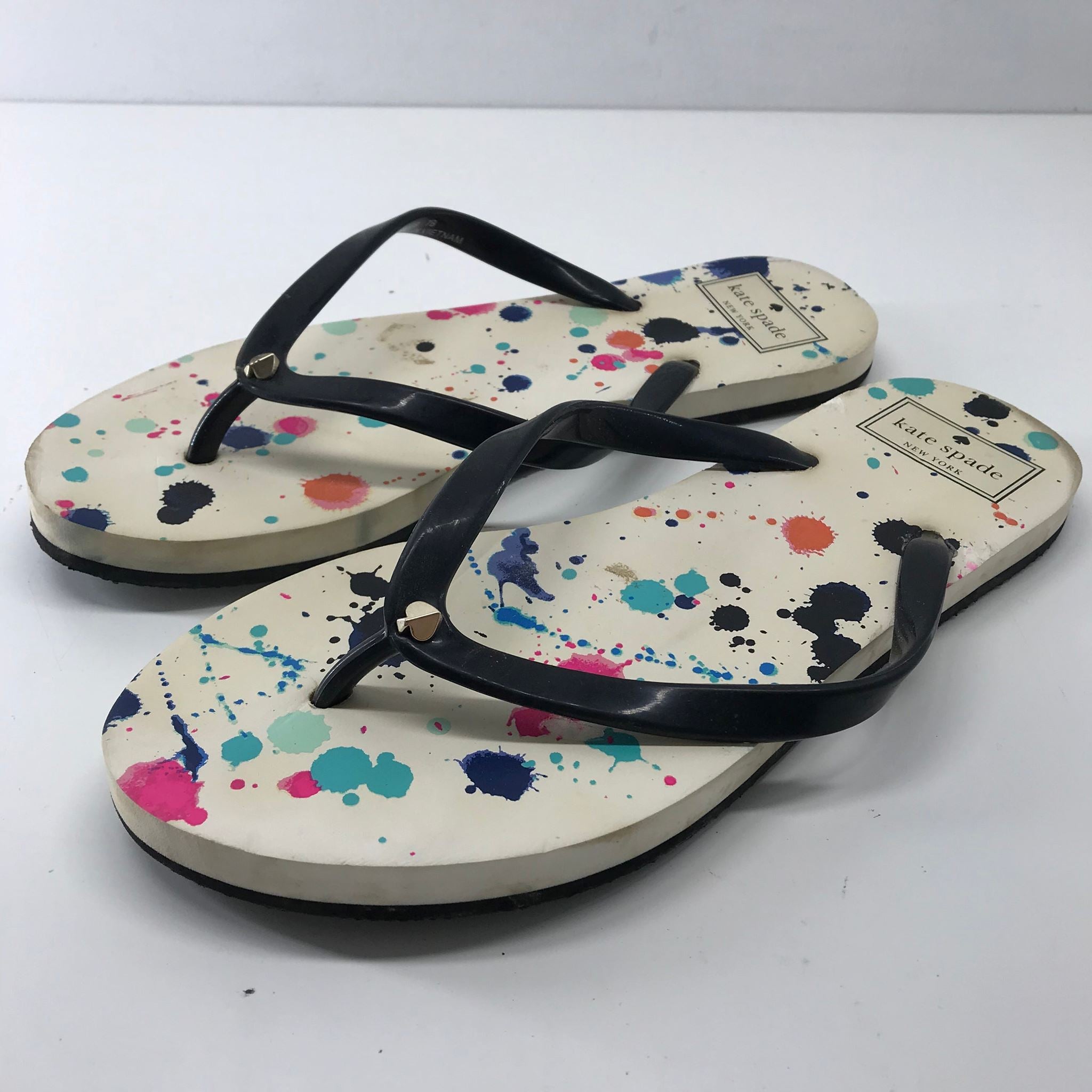 Kate Spade Women’s Felton Flip Flop Paint Splatter Pattern Black Strap Sz 7