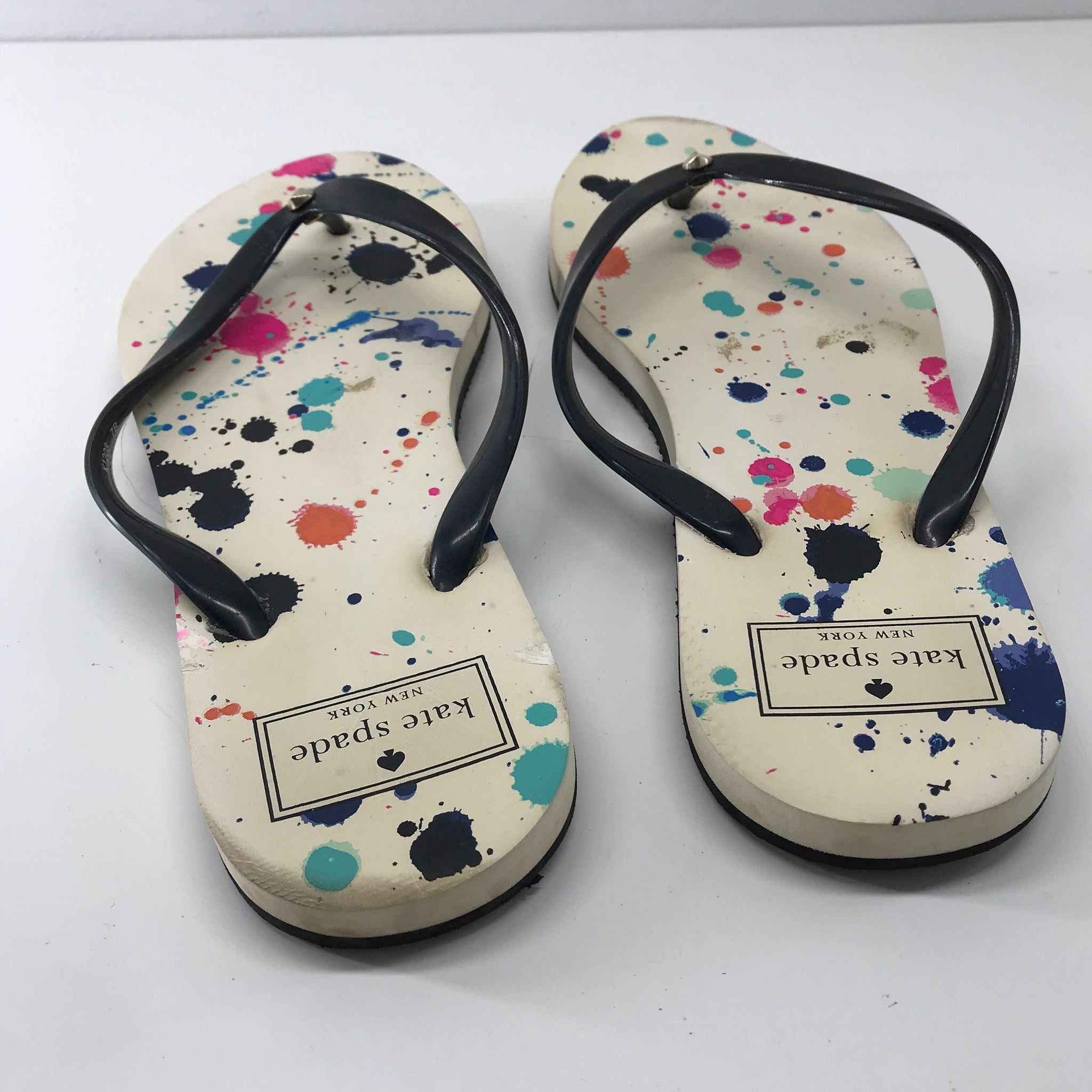 Kate Spade Women’s Felton Flip Flop Paint Splatter Pattern Black Strap Sz 7