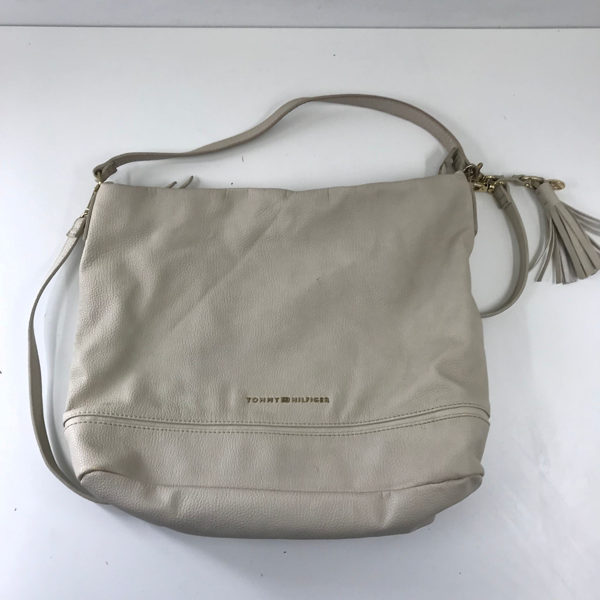 Tommy Hilfiger Bucket Hobo Shoulder Bag with Tassel and Detachable Strap Beige