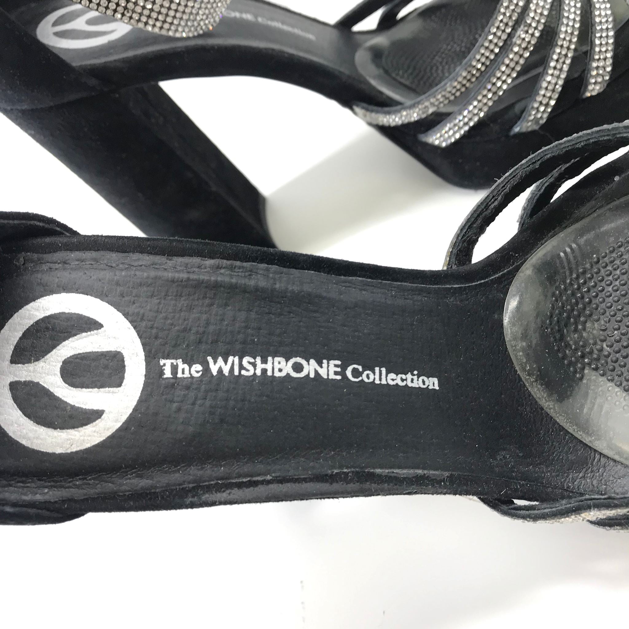 The Wishbone Collection Belinda Black Rhinestone Block Heel Sandals Sz 6.5