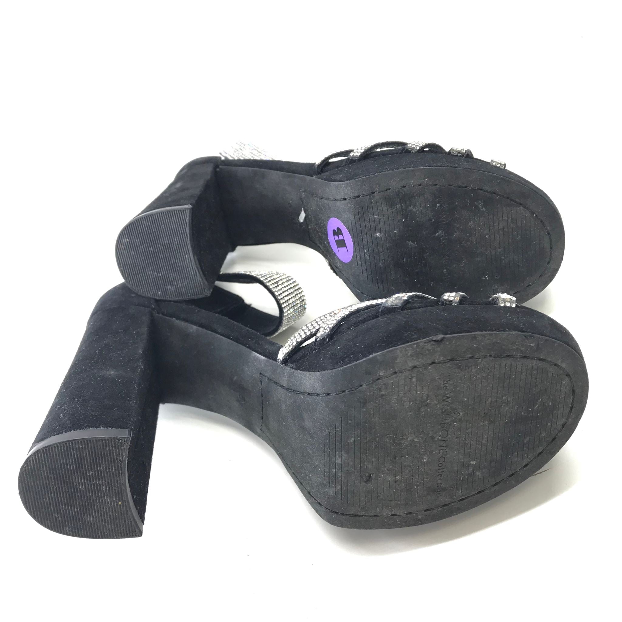 The Wishbone Collection Belinda Black Rhinestone Block Heel Sandals Sz 6.5