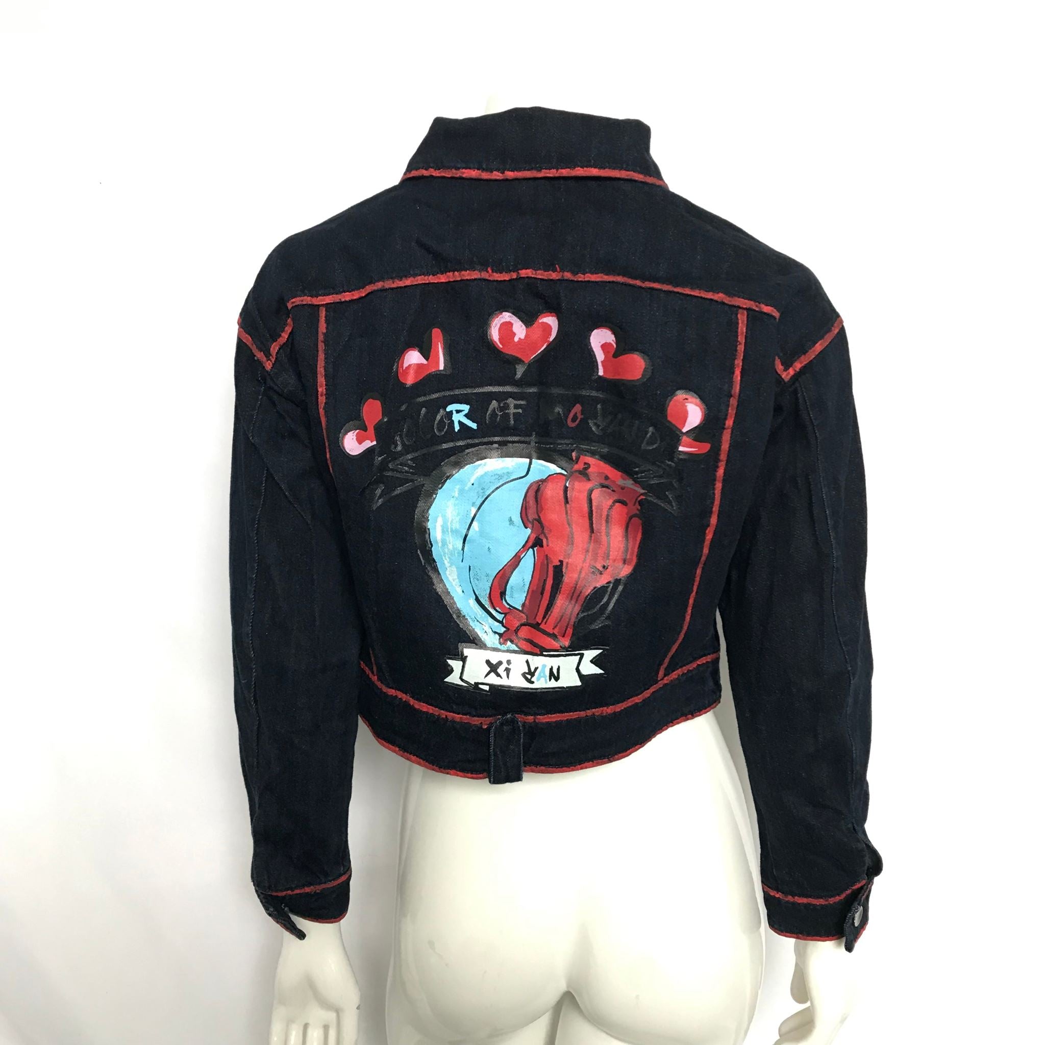 Xiran Womens' Cropped Dark Wash Denim Red Paint Detailed Jacket Sz S