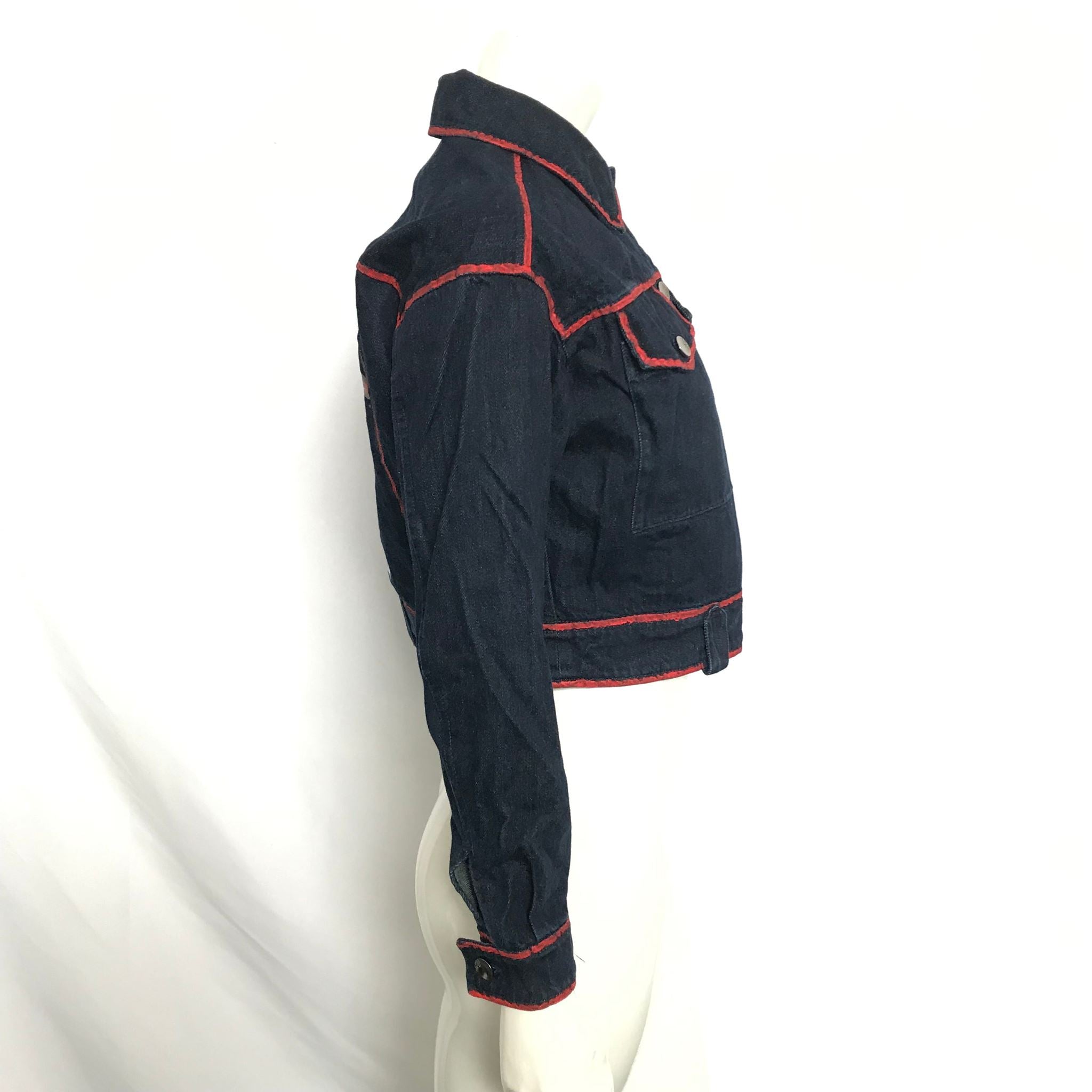 Xiran Womens' Cropped Dark Wash Denim Red Paint Detailed Jacket Sz S