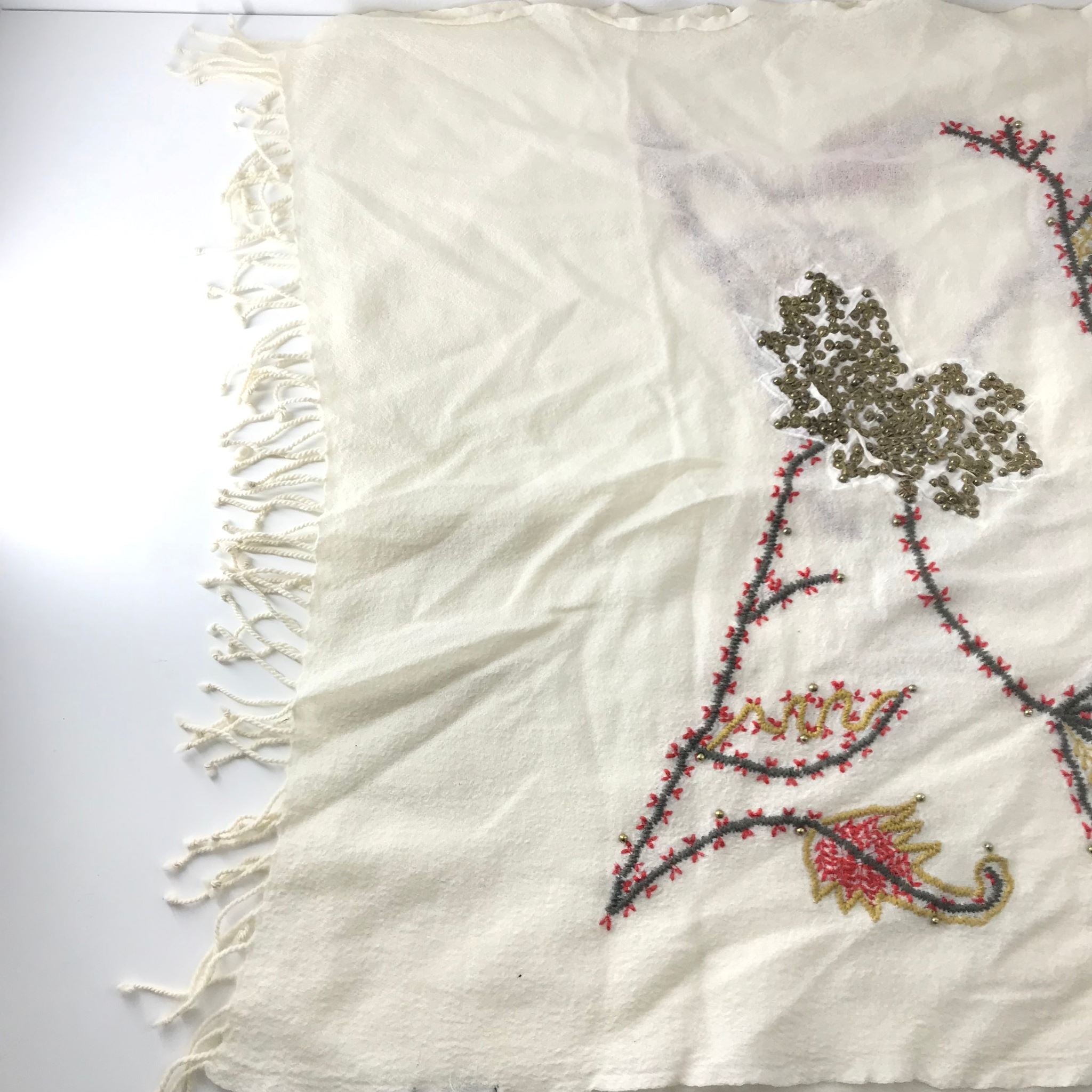 Massimo Dutti Embroidered Beaded Floral Print Fringed Scarf Cream