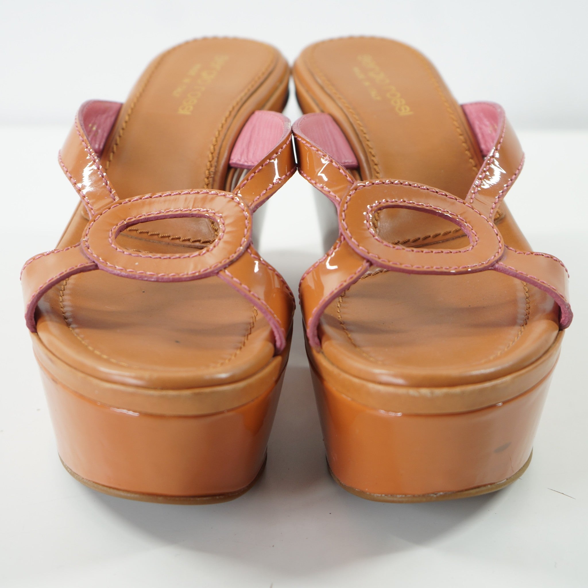 Sergio Rossi Patent Leather Slide Wedges Sandals Beige Brown Sz 5