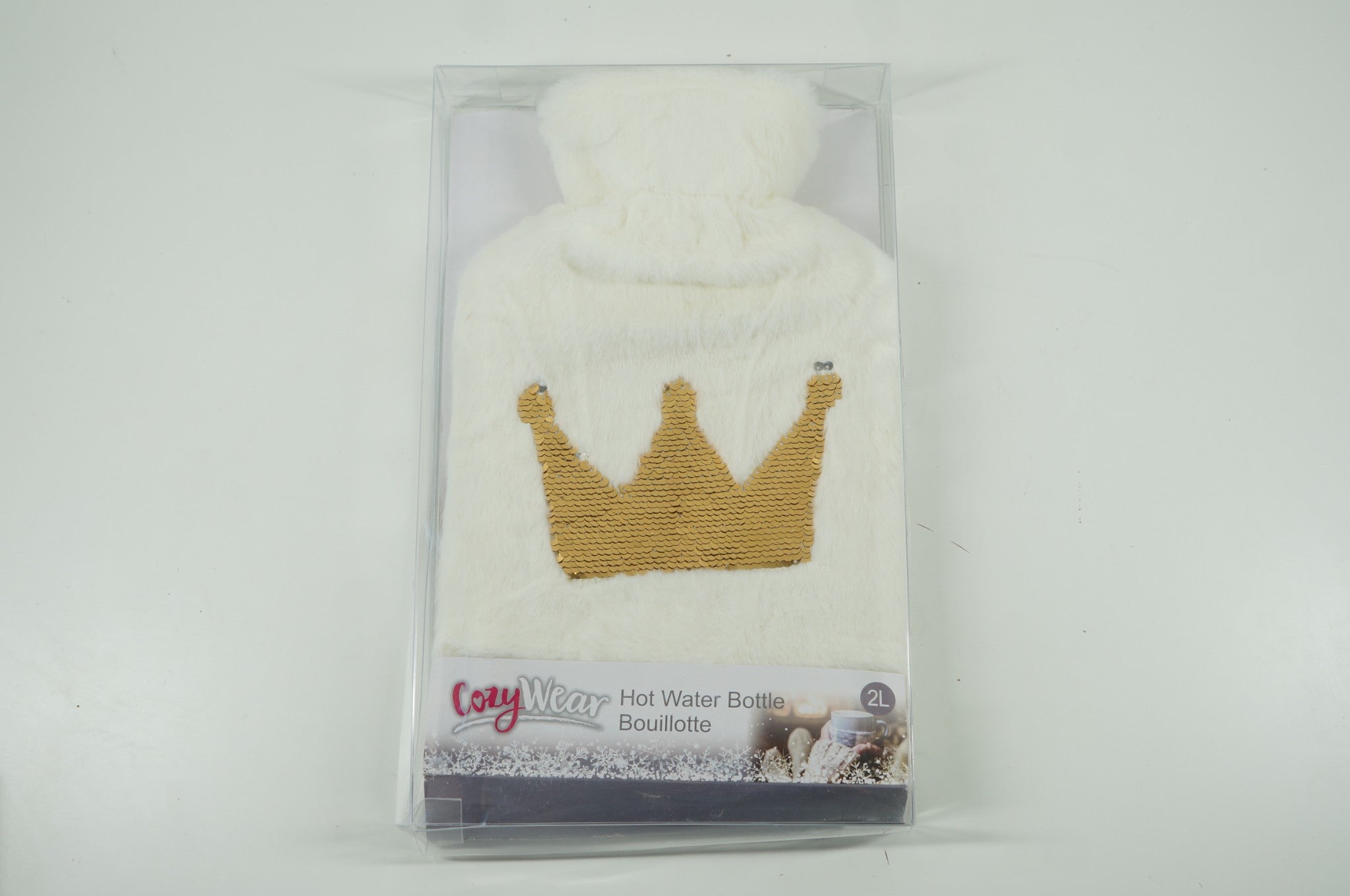 Cozy Wear 2L Hot Water Bottle Warmer + Cover White Faux Fur Sequin Crown