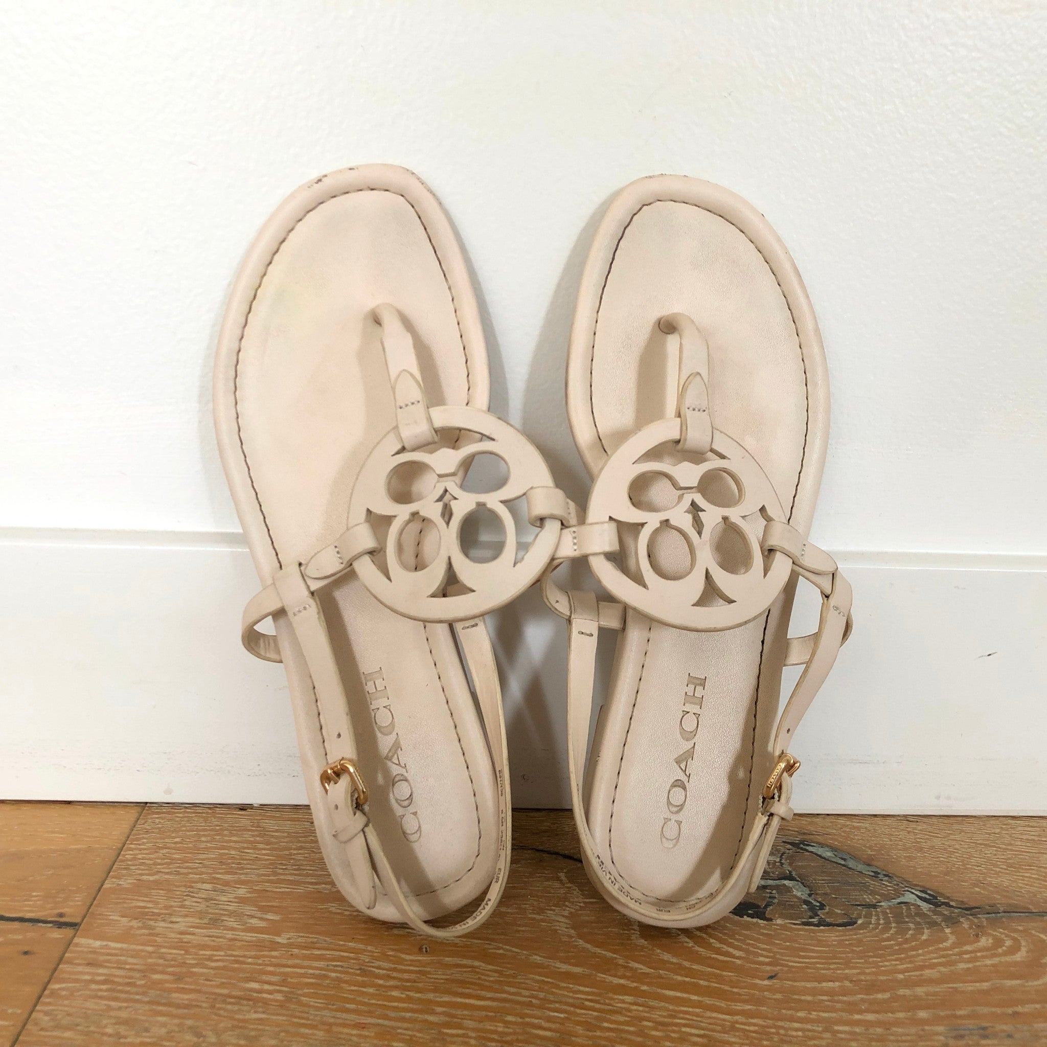 Coach Women's Jaci Leather Sandals Flip Flops with Strap Cream Sz 6.5 C2924