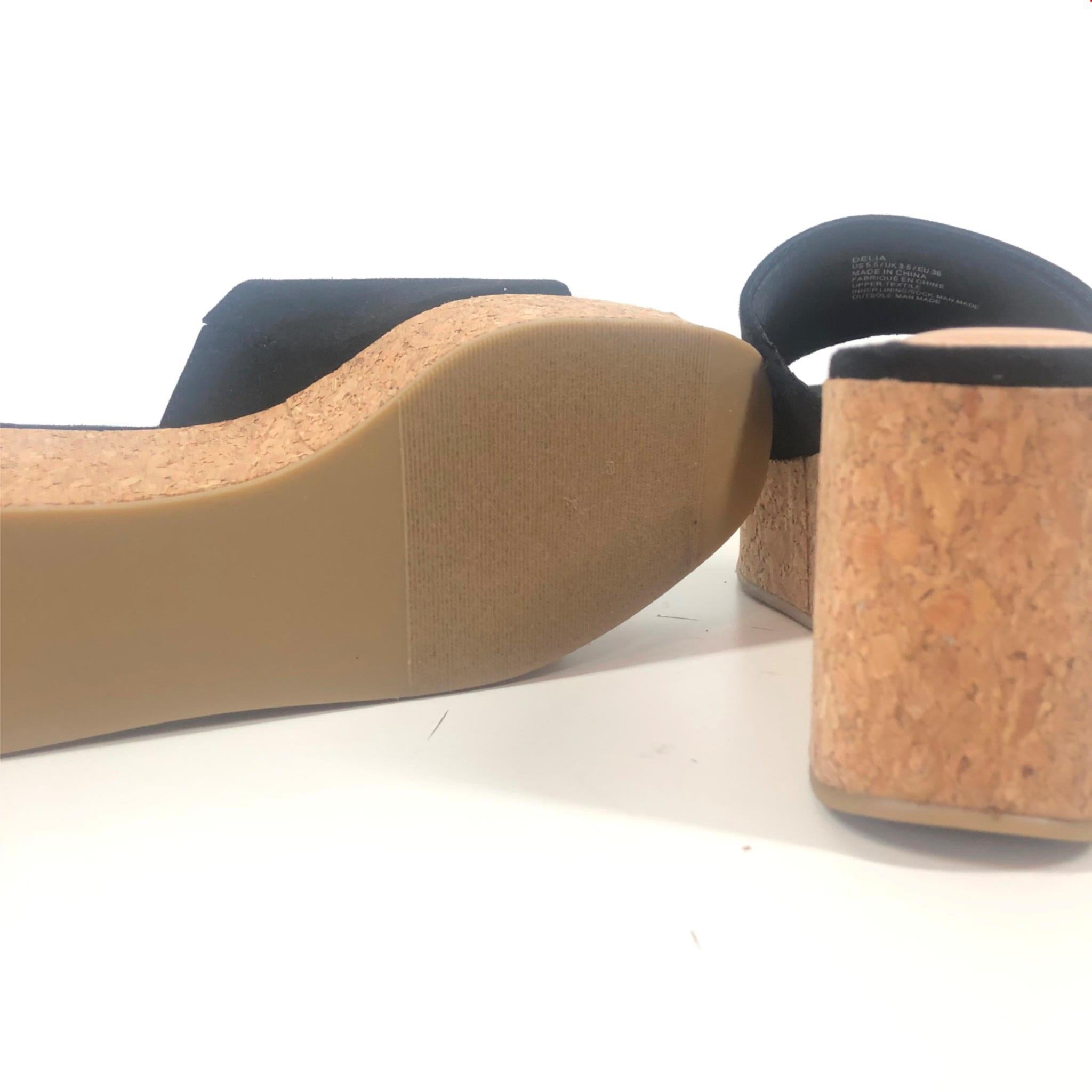 JUSTFAB Delia Slide Cork Wedges Heels Black Beige Sz 5.5