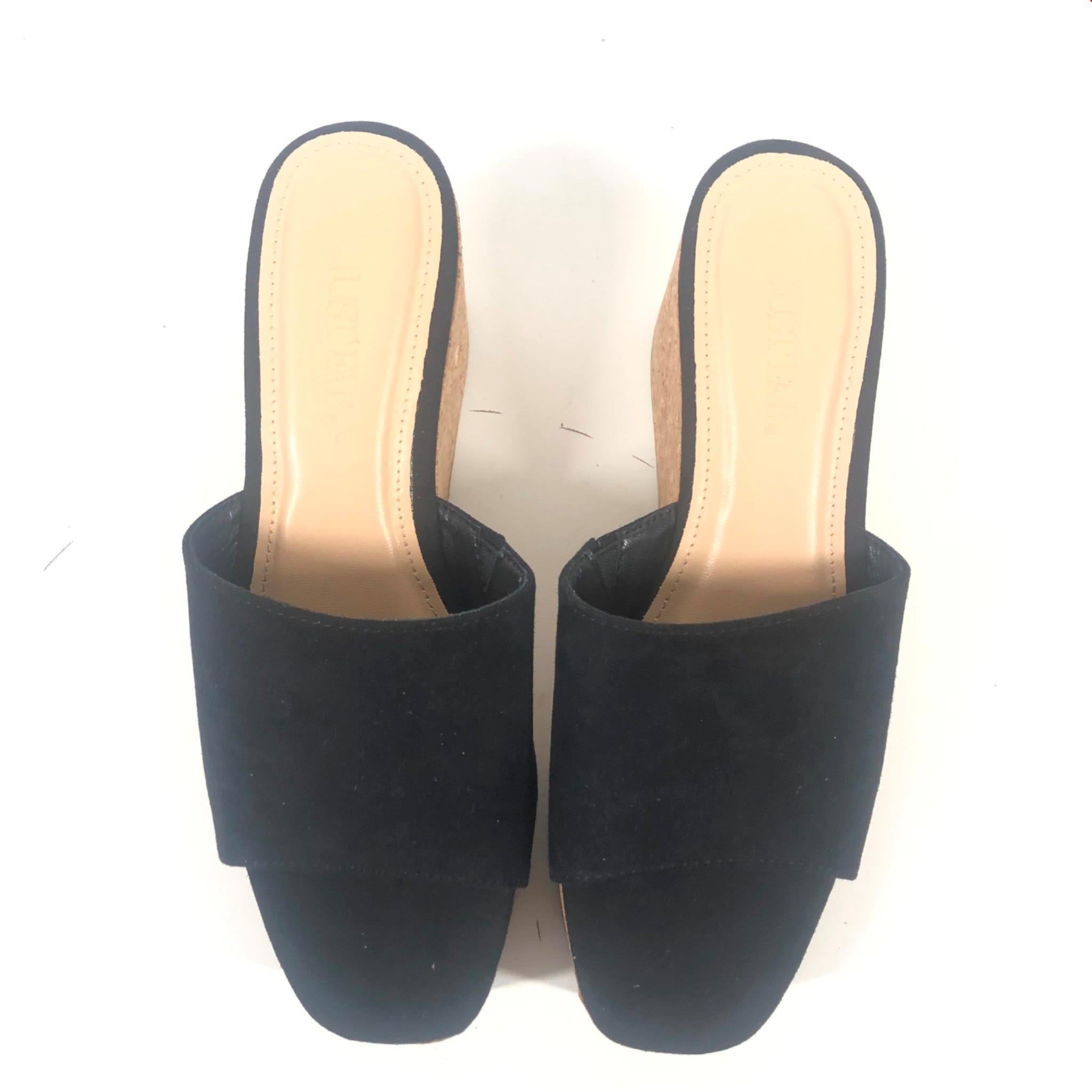 JUSTFAB Delia Slide Cork Wedges Heels Black Beige Sz 5.5