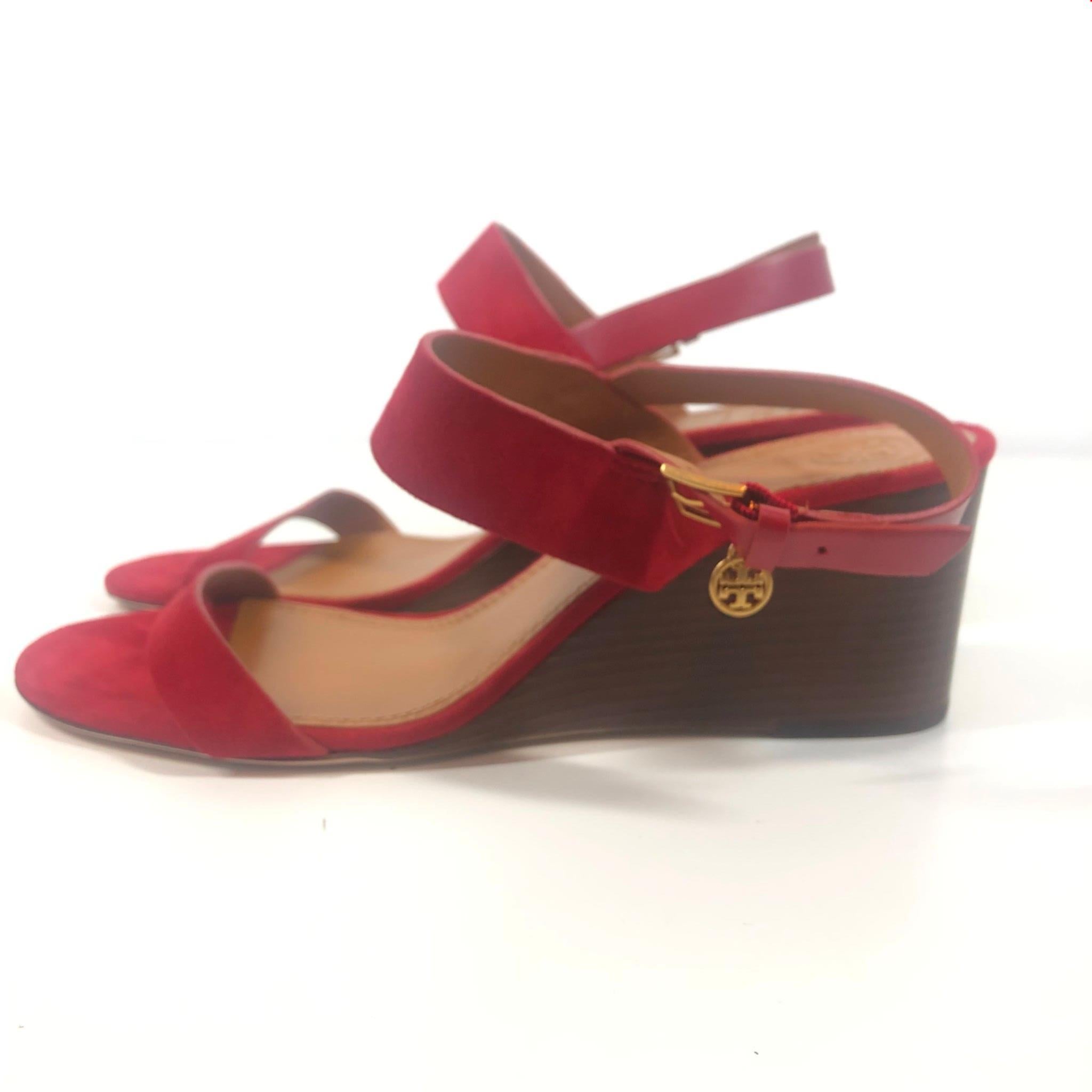 Tory Burch Benton Suede Wedge Sandals Heels Red Sz 8.5