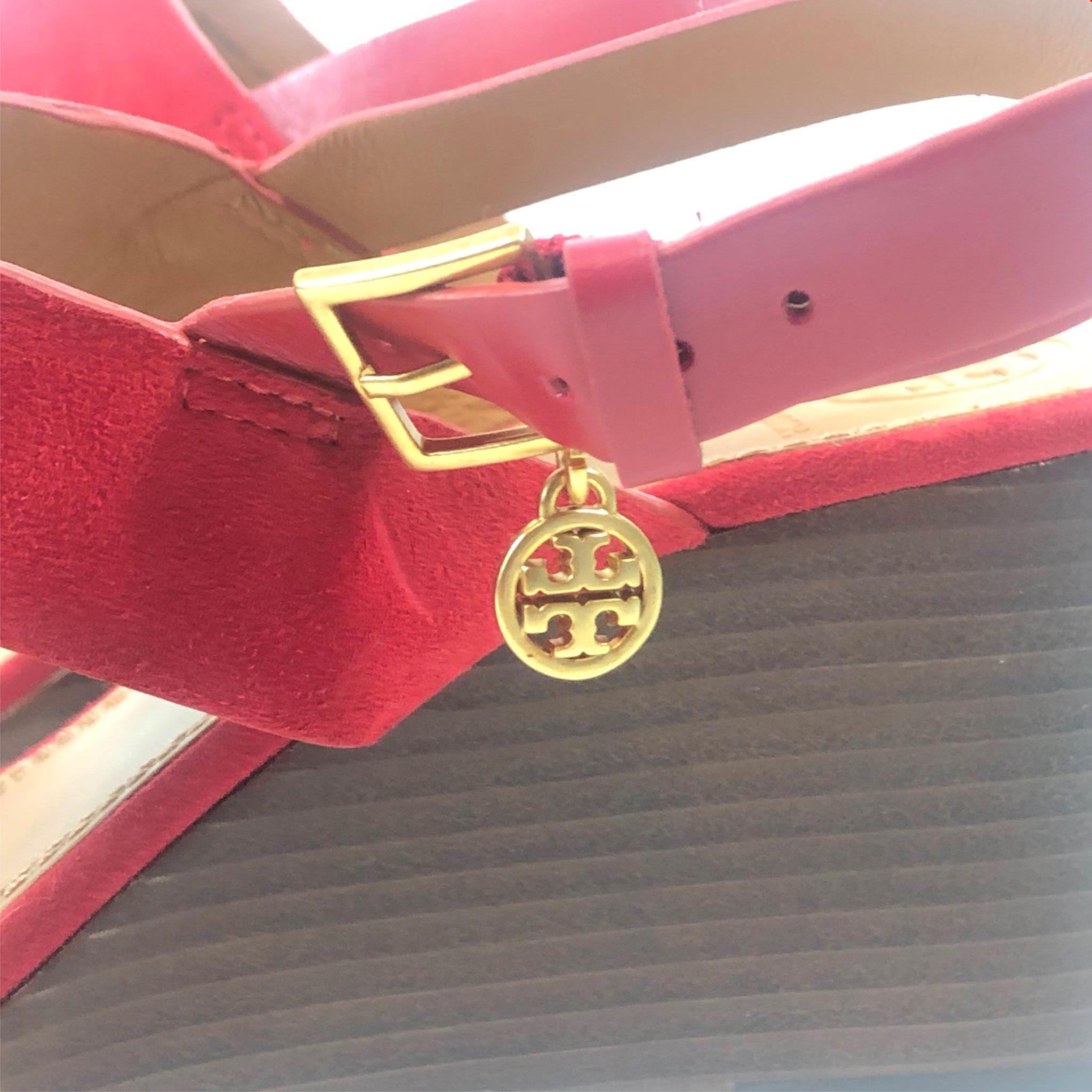 Tory Burch Benton Suede Wedge Sandals Heels Red Sz 8.5