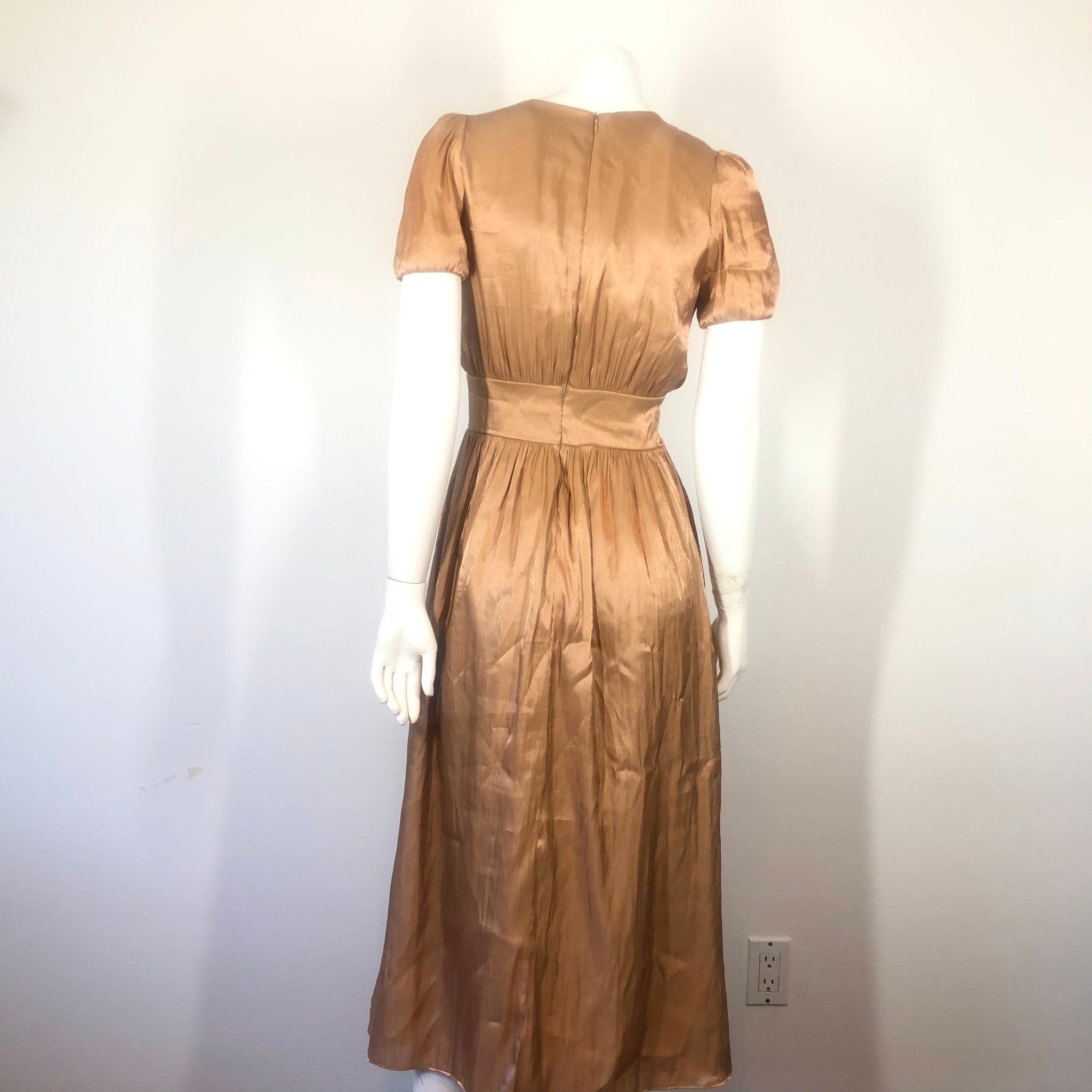 ZARA Metallic Satin Puff Sleeve Midi Dress Copper Gold Sz XS 4387/033/735