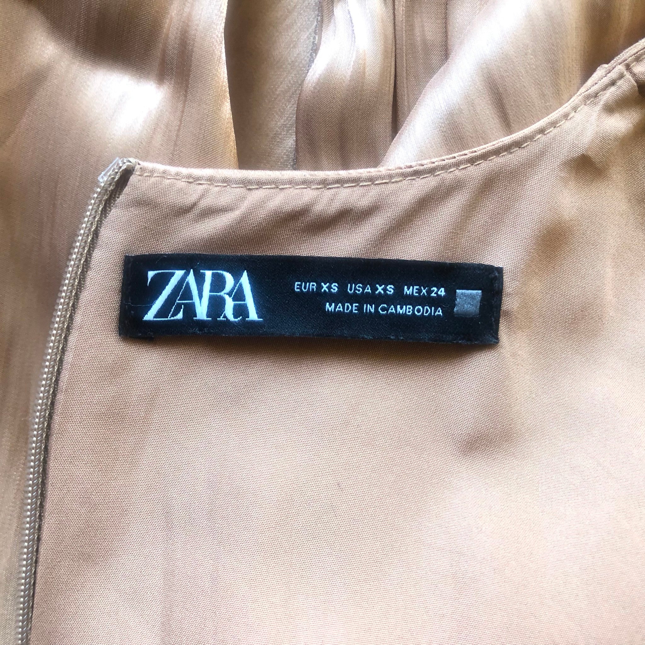ZARA Metallic Satin Puff Sleeve Midi Dress Copper Gold Sz XS 4387/033/735