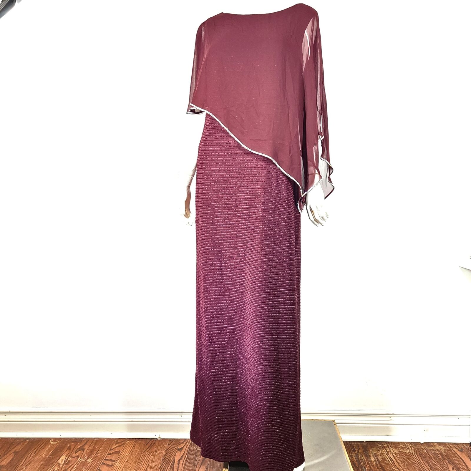 Laura Evening Dress + Chiffon Poncho Set Long Glitter Burgundy Red Sz 12