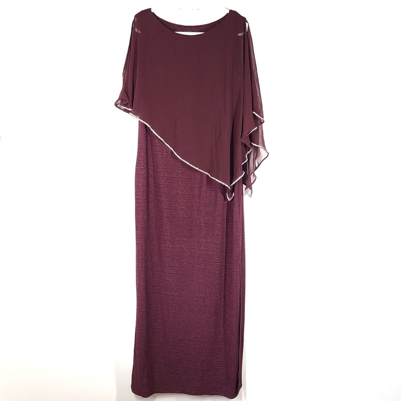 Laura Evening Dress + Chiffon Poncho Set Long Glitter Burgundy Red Sz 12