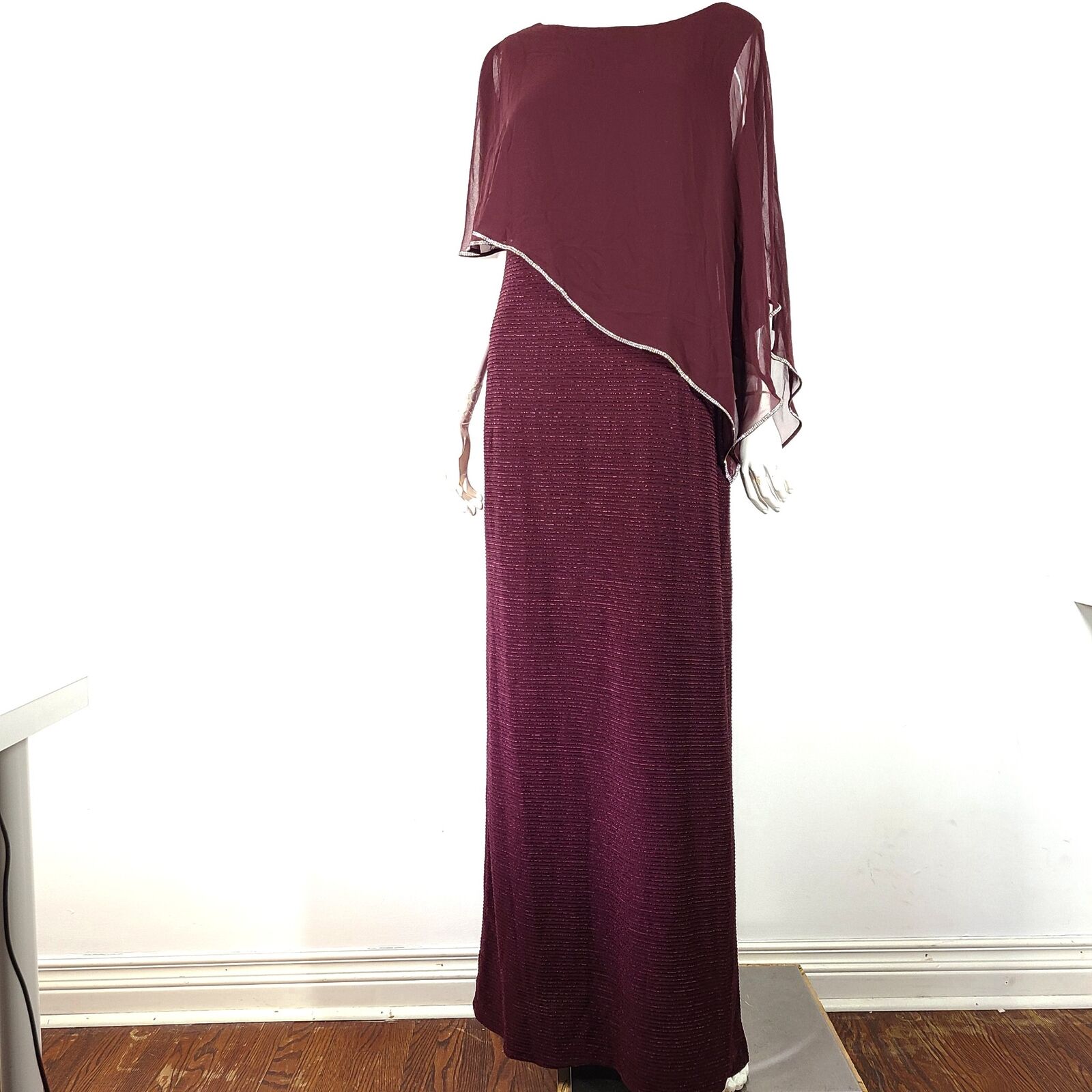 Laura Evening Dress + Chiffon Poncho Set Long Glitter Burgundy Red Sz 12