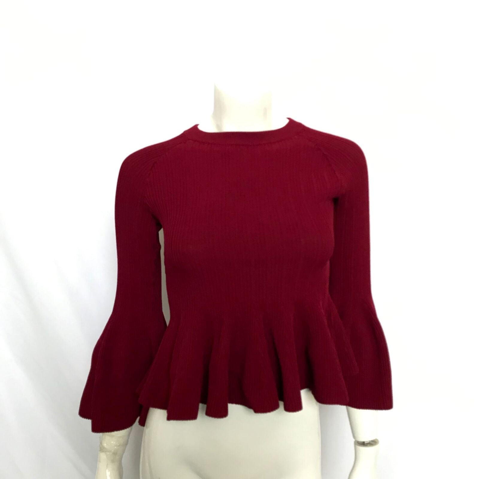 Jonathan Simkhai Bell Sleeve Peplum Top Cabernet Ribbed Knit Sz S