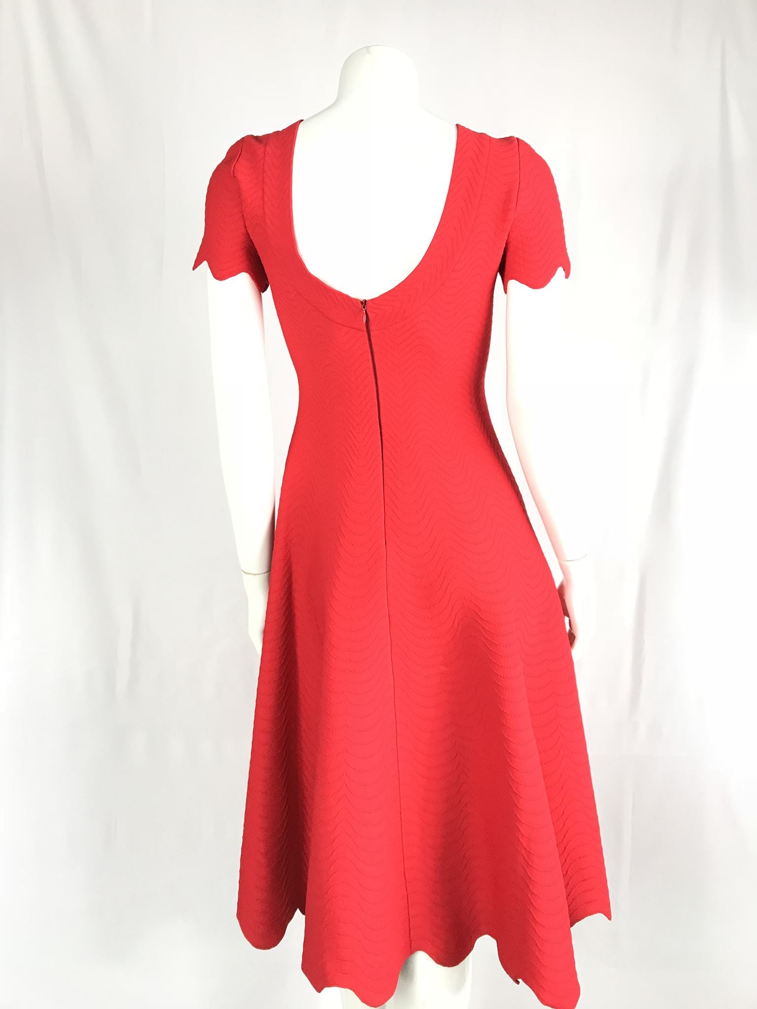 $3k Alaïa Ondes Jersey Scalloped Midi Dress Wave Stripe Low Back Red US 10