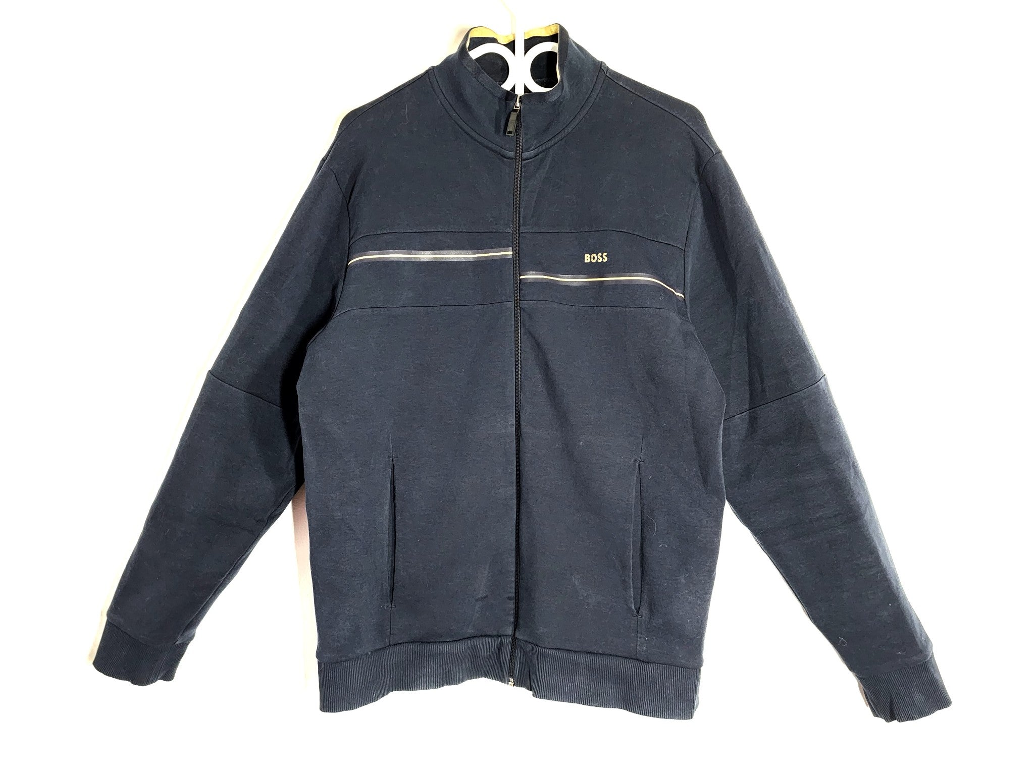 Hugo Boss Men's Skaz 1 Cotton Blend Zip Up Sweatshirt Jacket Navy Blue Gold XL