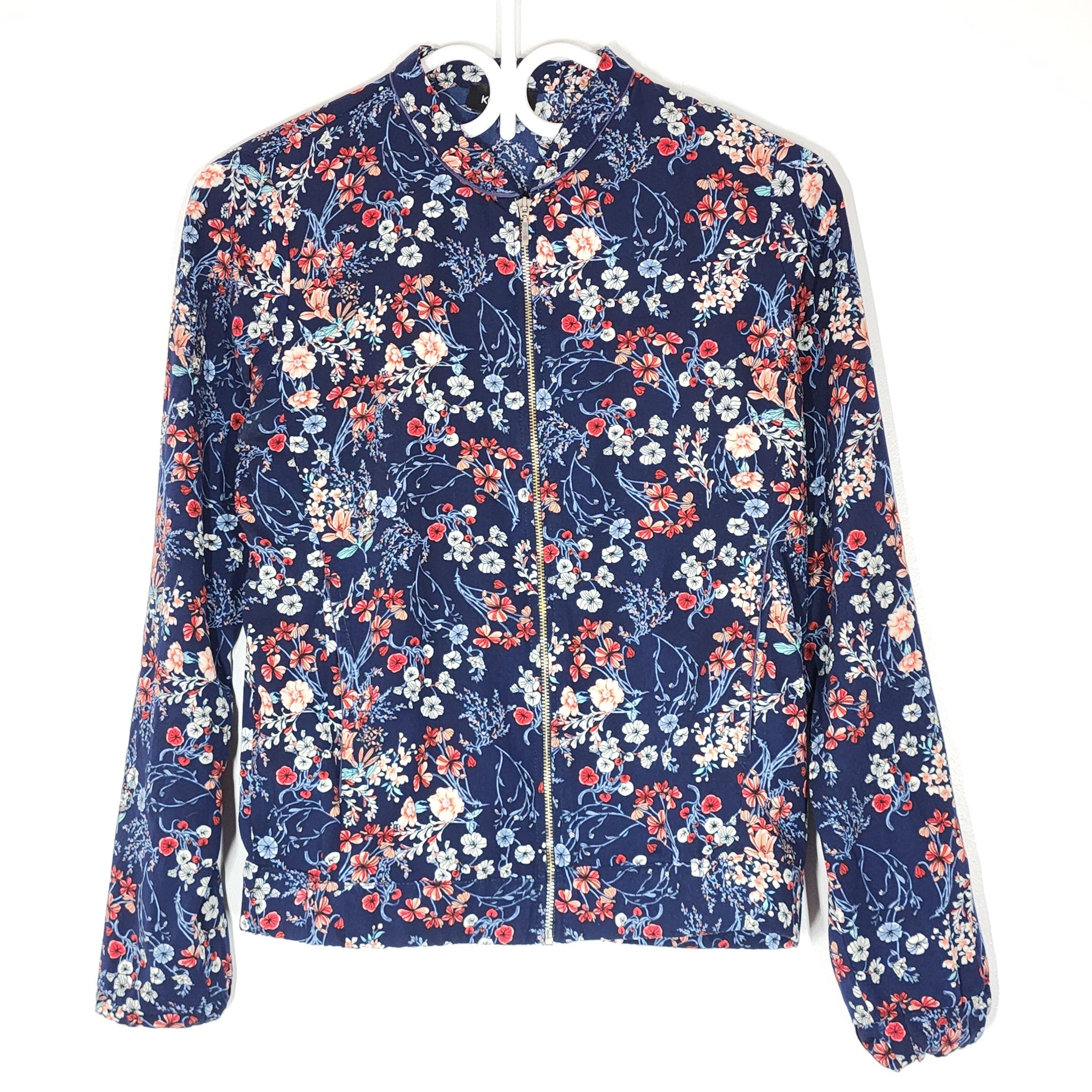 Kookai Women's Floral Print Zippered Blouse Jacket Navy Red Sz 2 (34)