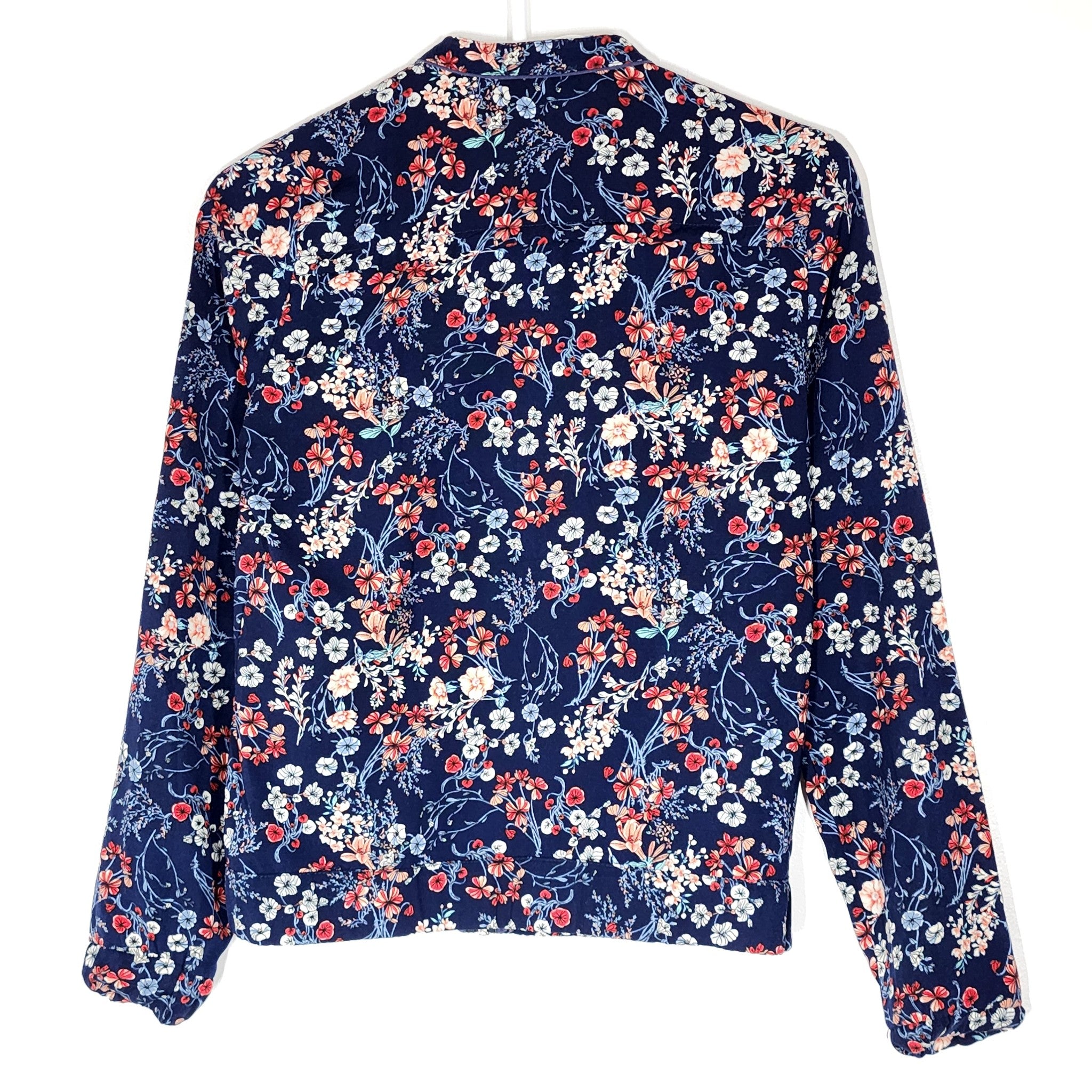Kookai Women's Floral Print Zippered Blouse Jacket Navy Red Sz 2 (34)