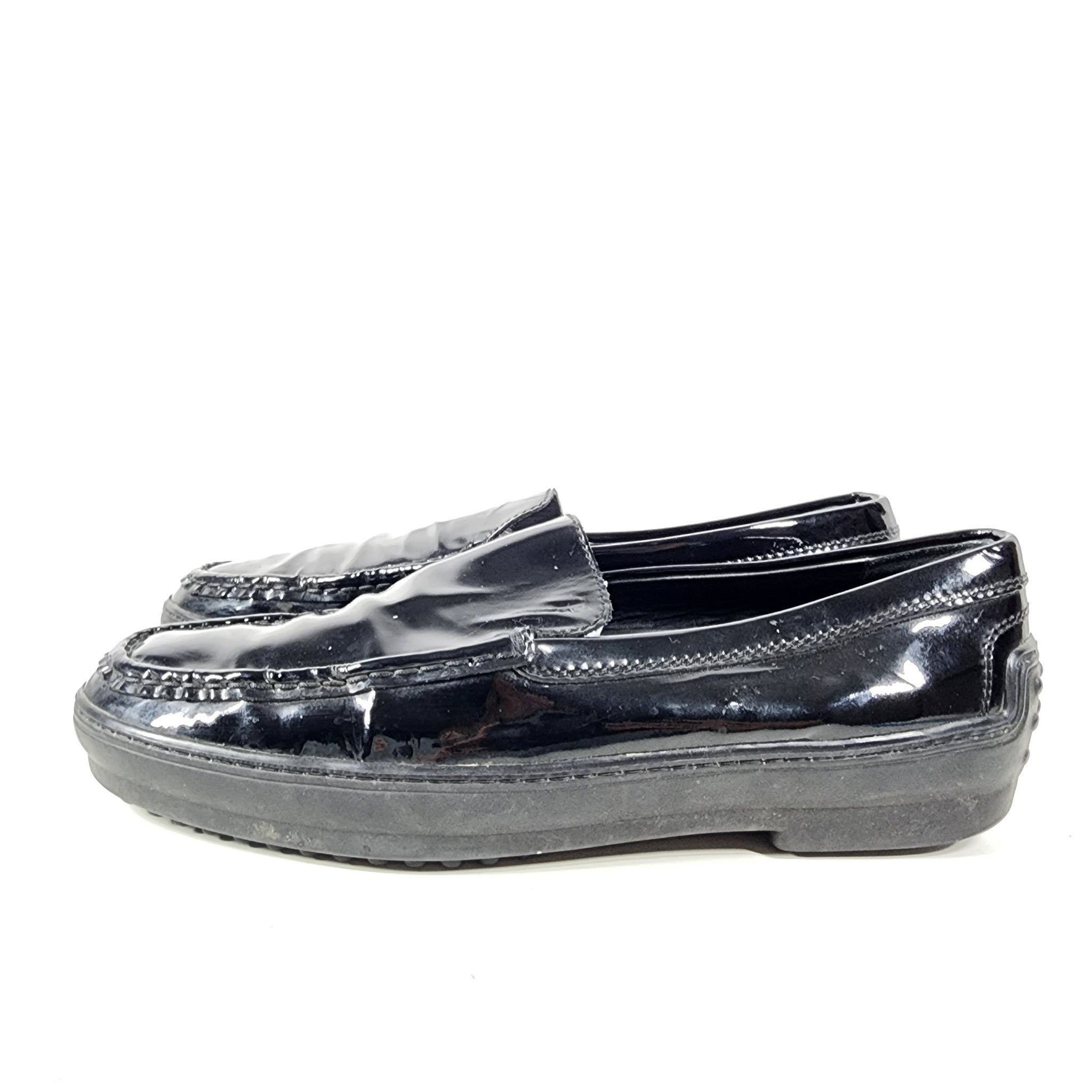 Tod's Womens Black Patent Leather Loafers Slip On Rubber Sole Flat Shoes Sz 8