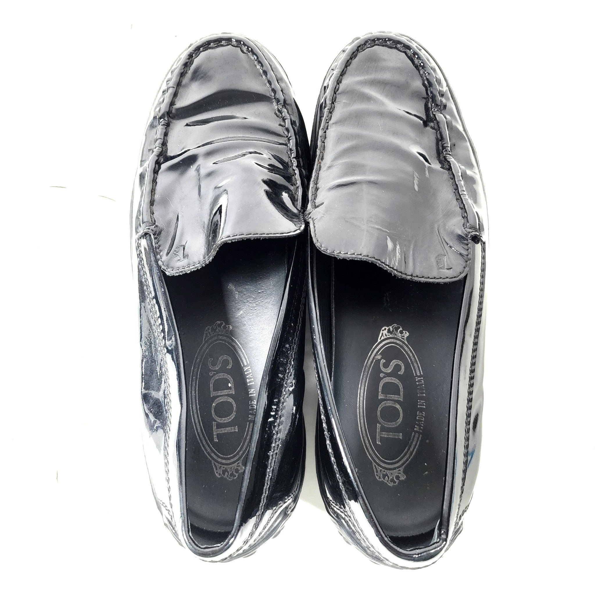 Tod's Womens Black Patent Leather Loafers Slip On Rubber Sole Flat Shoes Sz 8