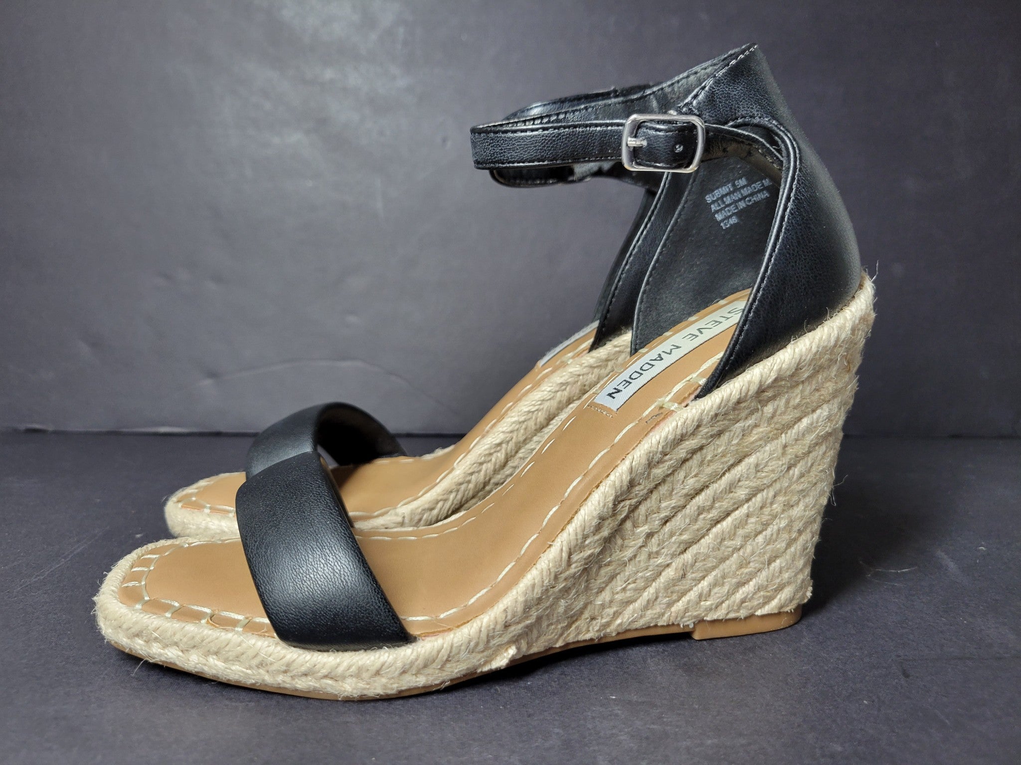 Steve Madden Women's Submit Wedge Heel Espadrille Sandals Black Sz 5