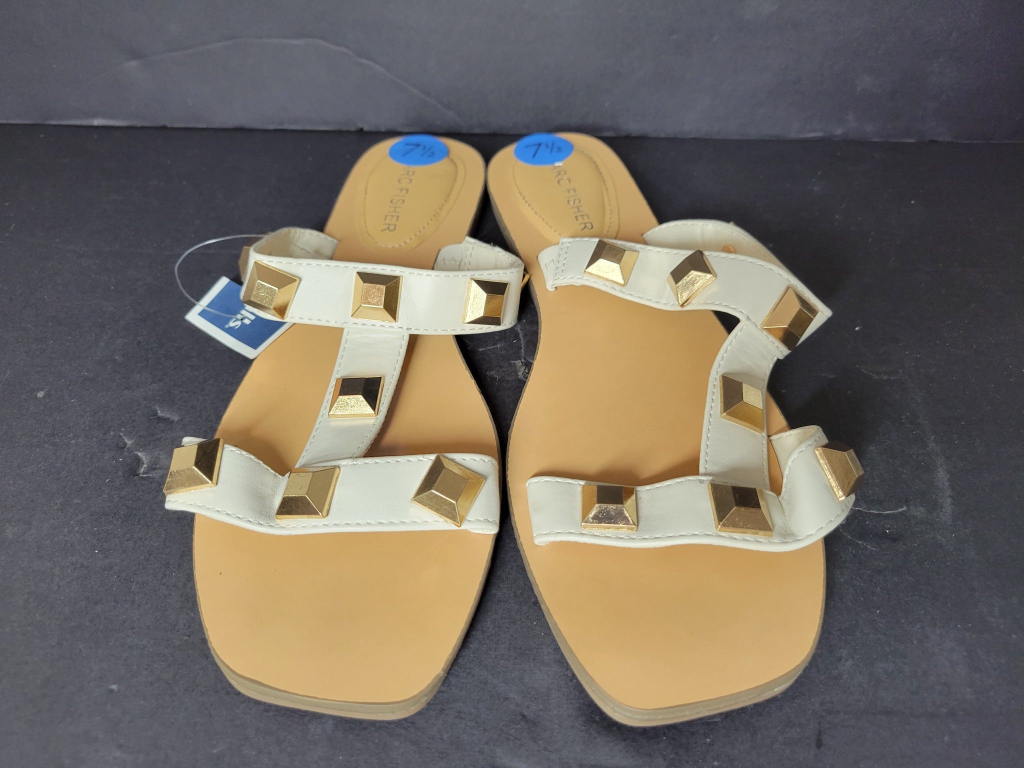 Marc Fisher Women's Bonis Gold Studded Slides Flat Sandals White Sz 7.5