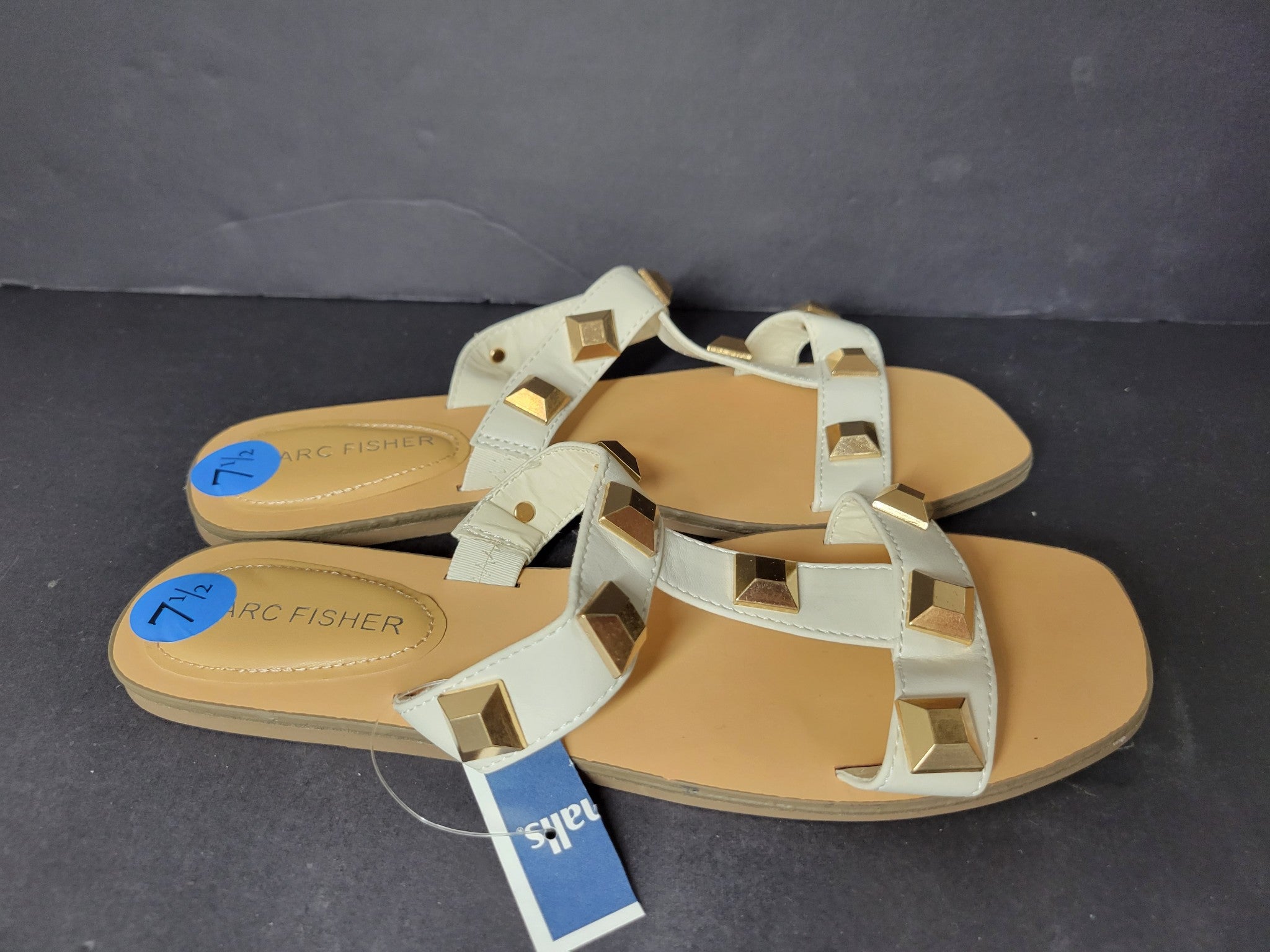 Marc Fisher Women's Bonis Gold Studded Slides Flat Sandals White Sz 7.5