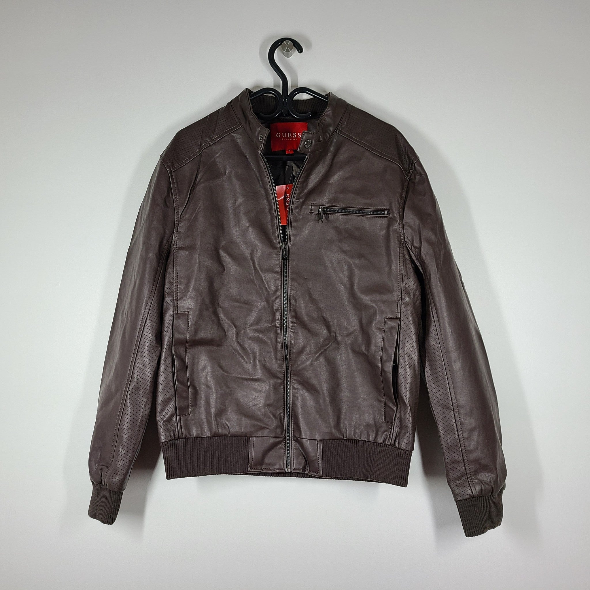 Guess Men's Baron Faux-Leather Moto Jacket Dark Brown Sz M