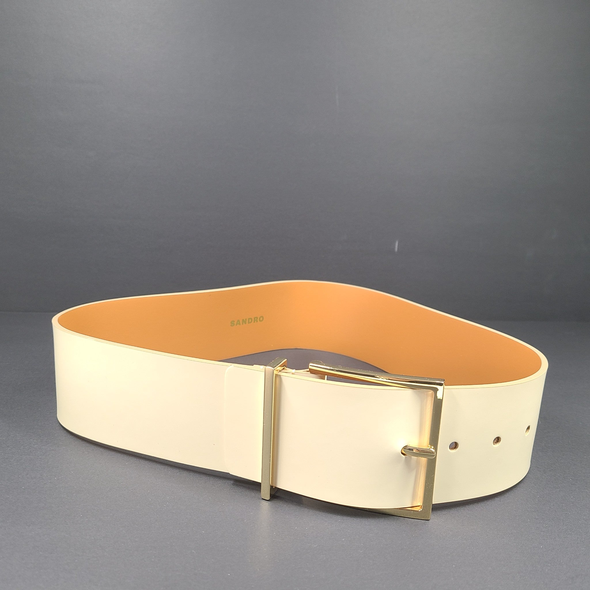 Sandro Paris Wide Leather Belt Ivory Cream with Gold Buckle Sz 28 France