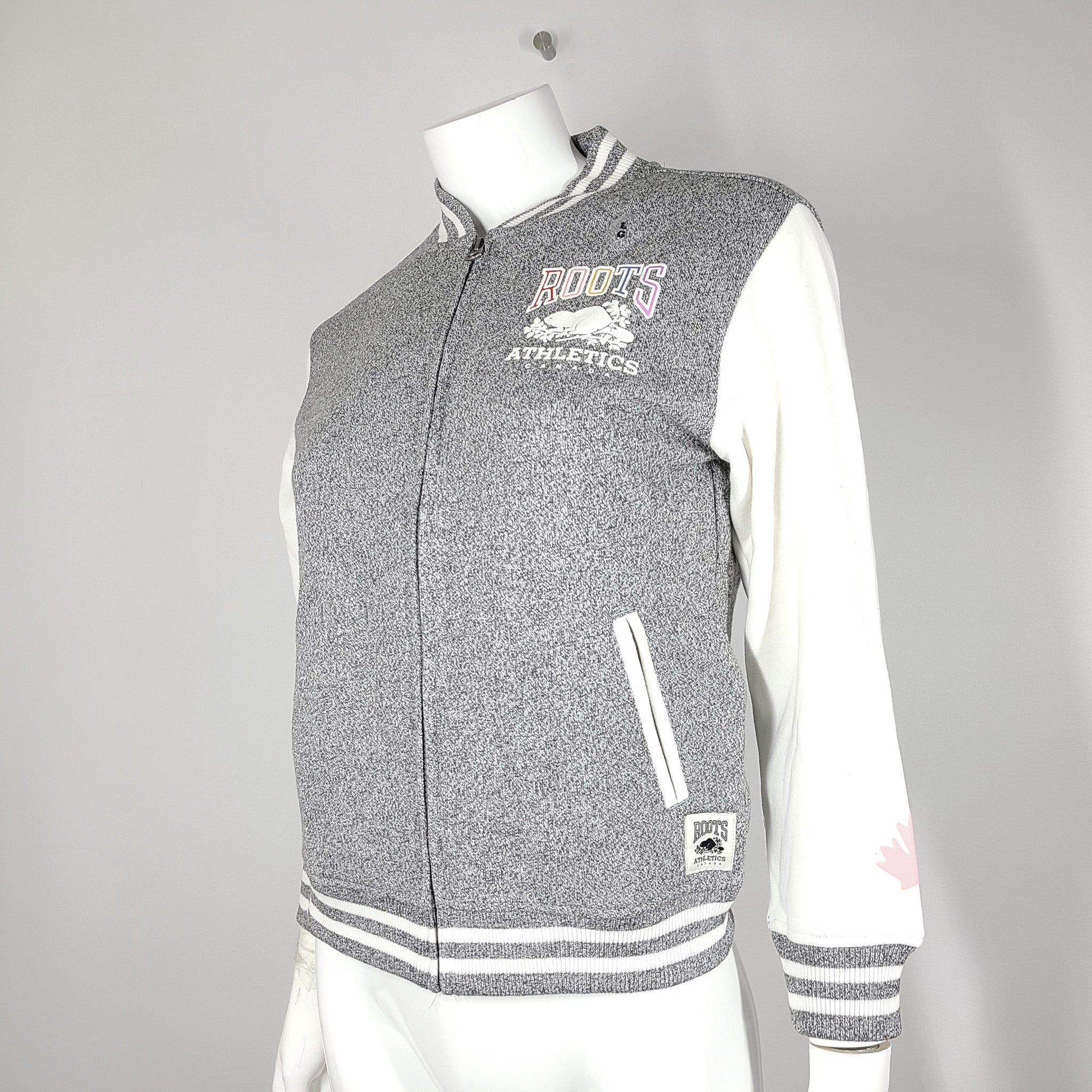 Roots Canada Kids Oversized Varsity Jacket Fleece Relaxed Fit Gray White L NWT