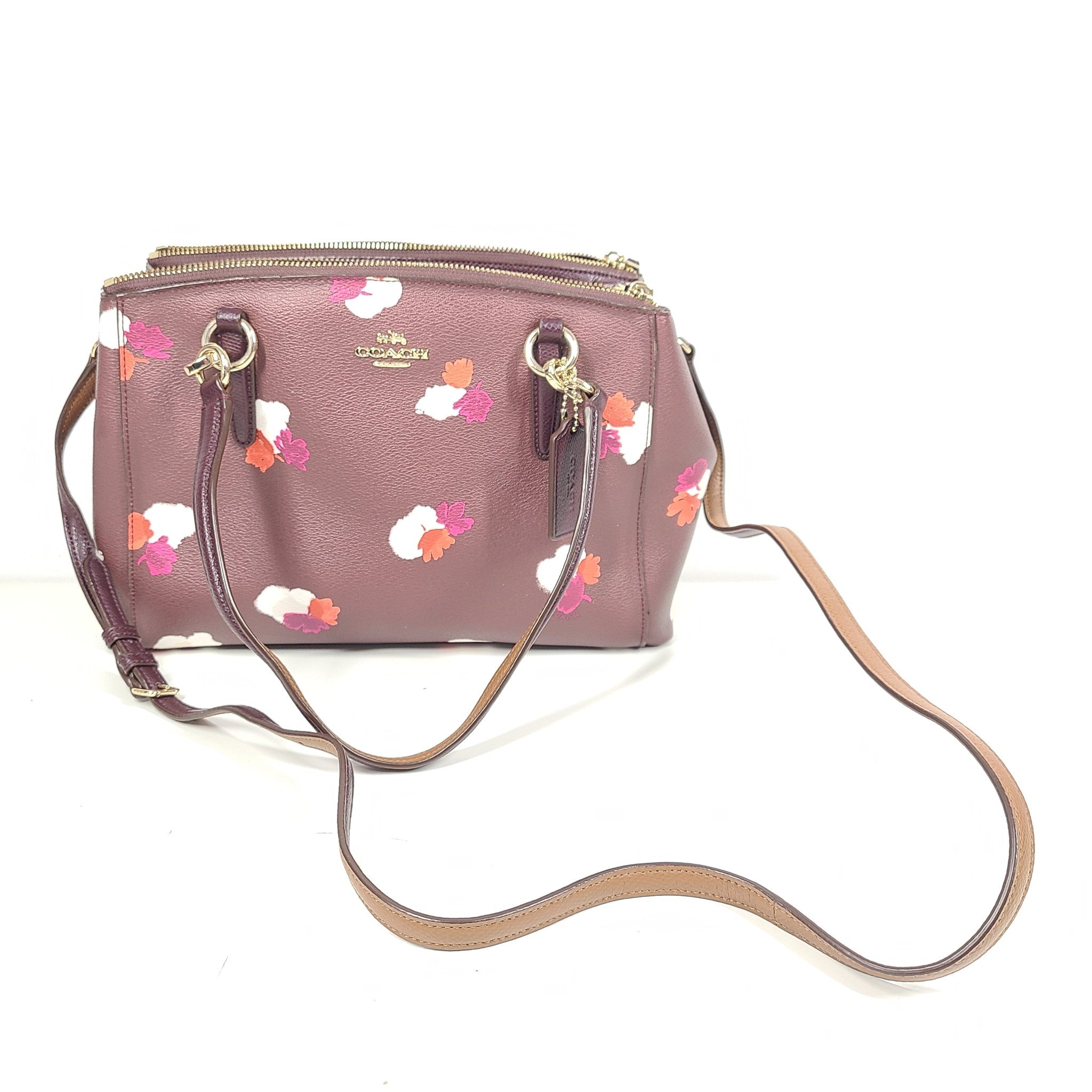 Coach Christie Carryall Burgundy Flower Print Coated Canvas Satchel