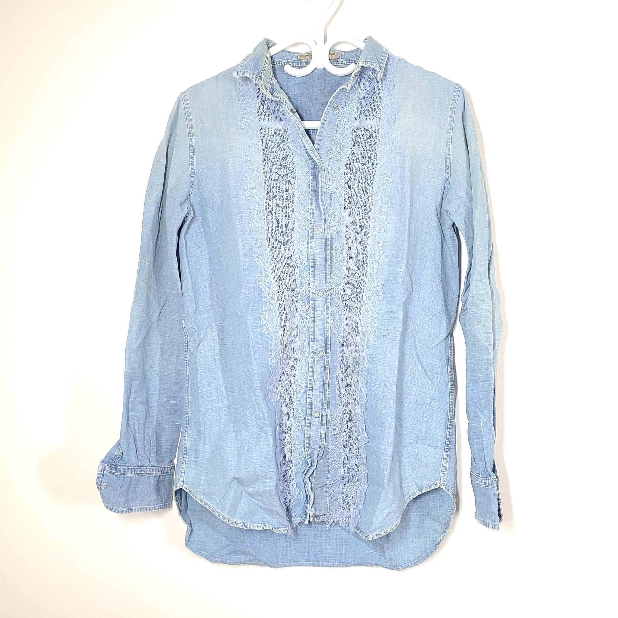 Authentic Ermanno Scervino Jeans Shirt Blouse Lace Detail Linen Denim Blue Sz 6