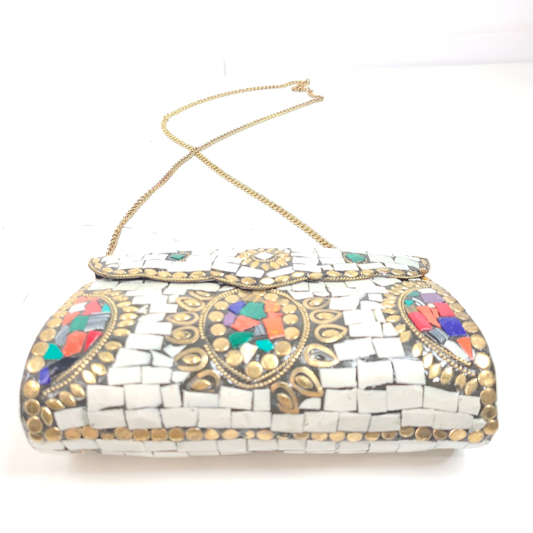 Equal Hands Multi-colored Stone Purse Handbag with Metal Inlay and Chain Strap