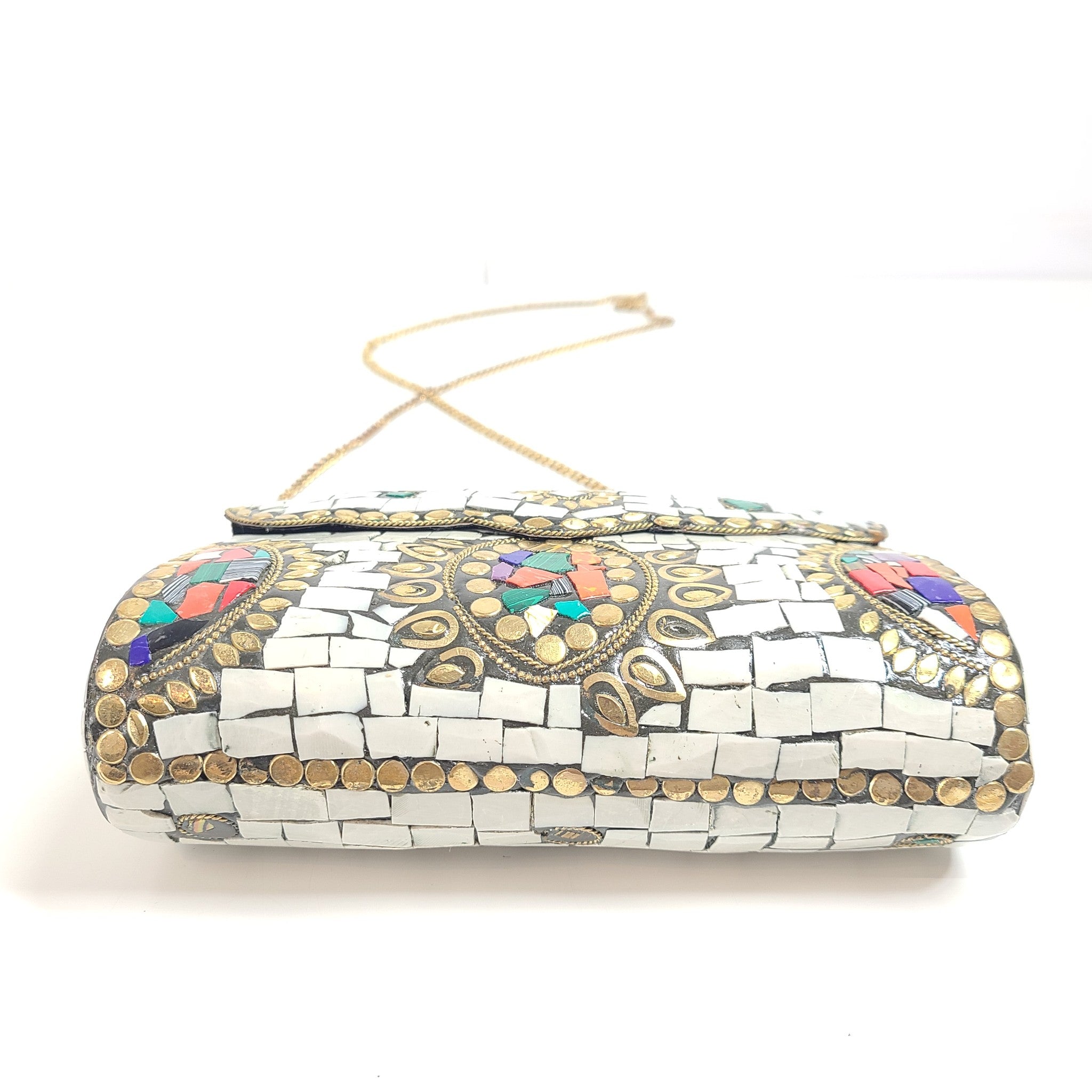 Equal Hands Multi-colored Stone Purse Handbag with Metal Inlay and Chain Strap