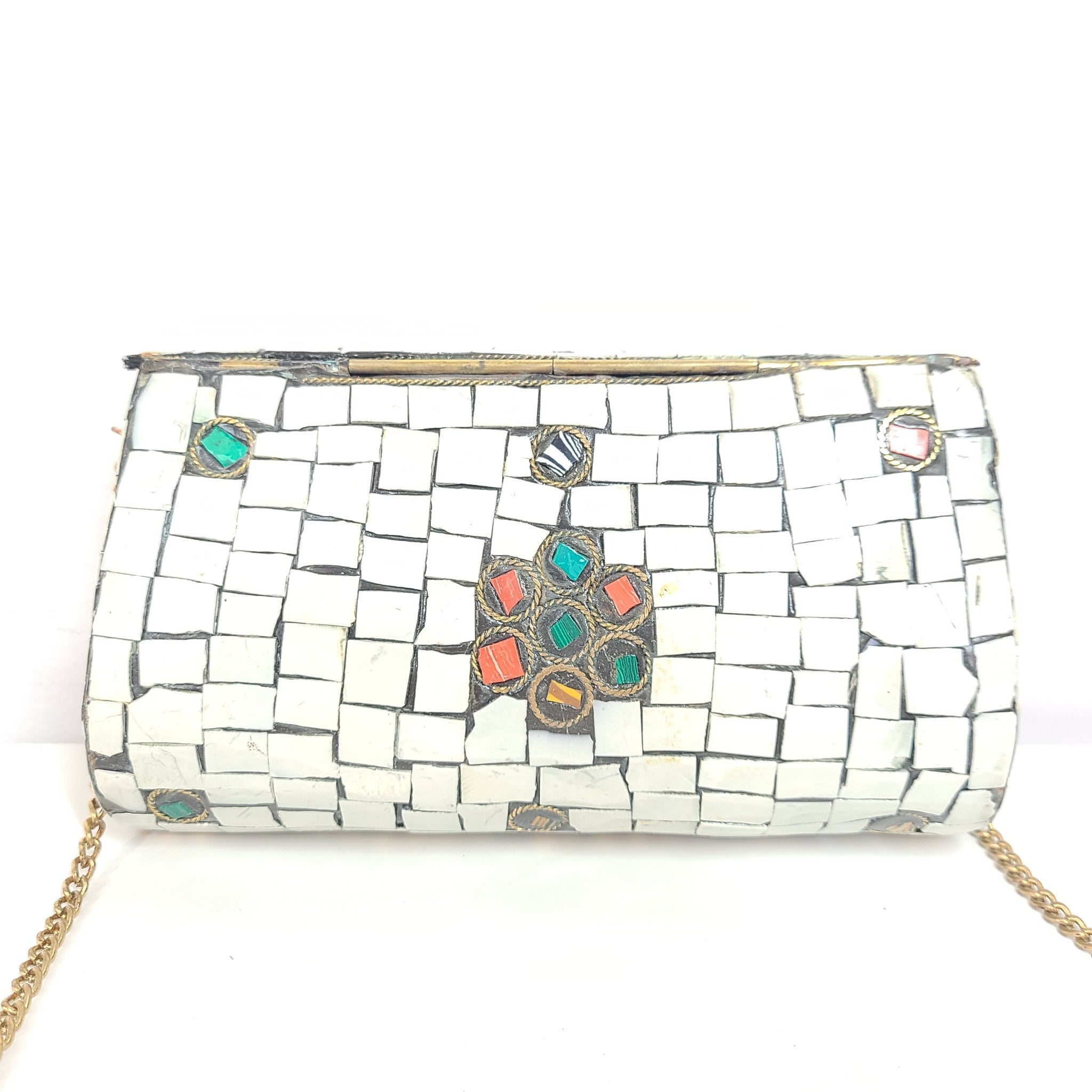 Equal Hands Multi-colored Stone Purse Handbag with Metal Inlay and Chain Strap