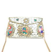 Equal Hands Multi-colored Stone Purse Handbag with Metal Inlay and Chain Strap