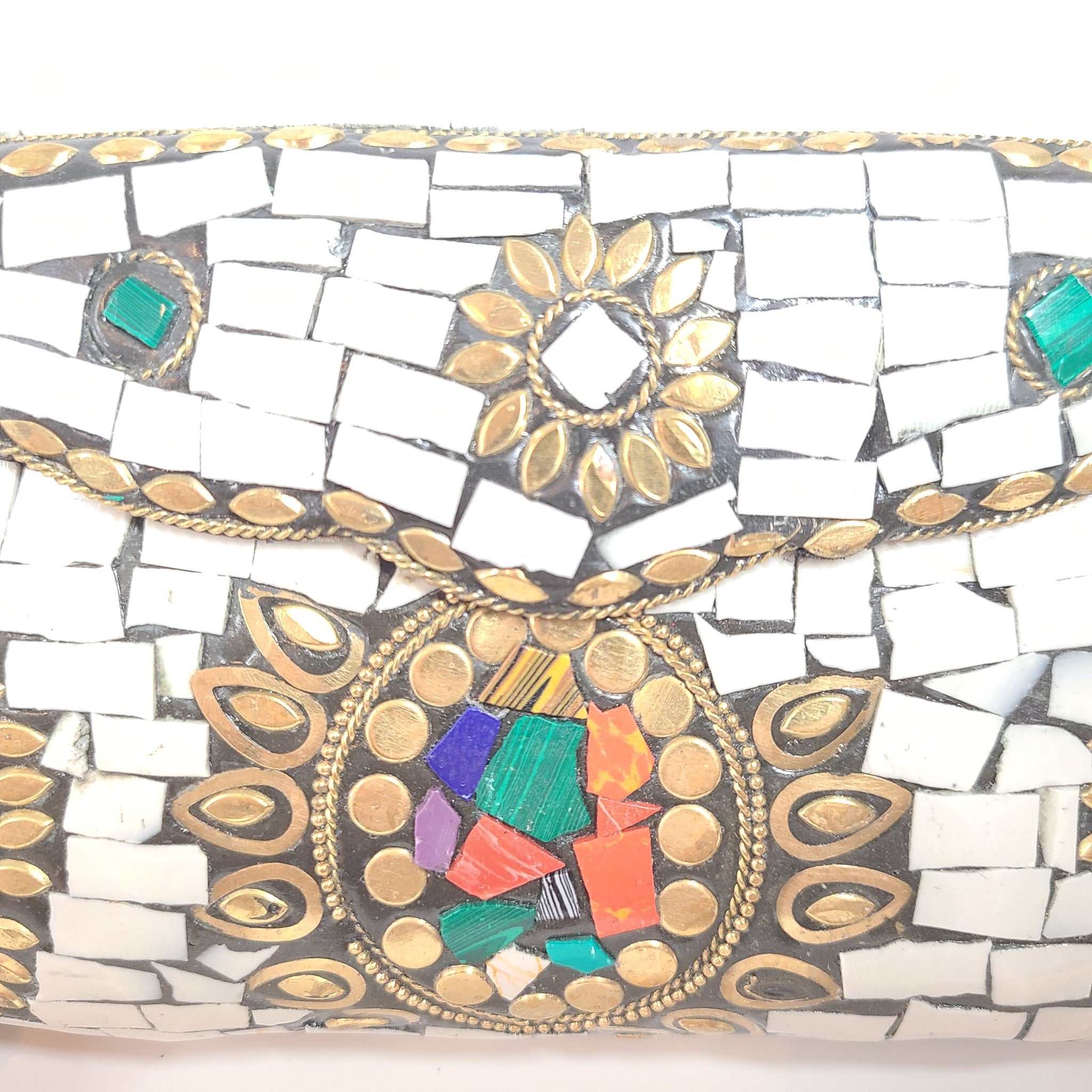 Equal Hands Multi-colored Stone Purse Handbag with Metal Inlay and Chain Strap