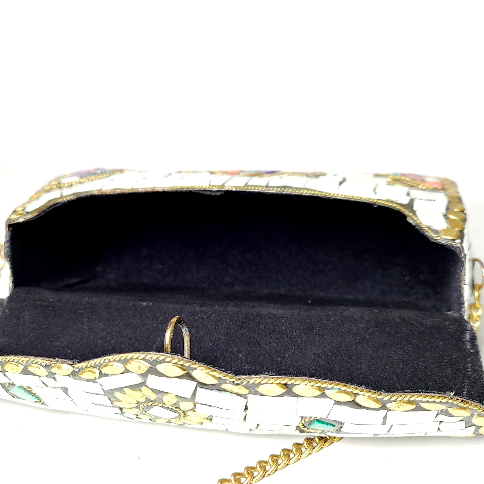 Equal Hands Multi-colored Stone Purse Handbag with Metal Inlay and Chain Strap