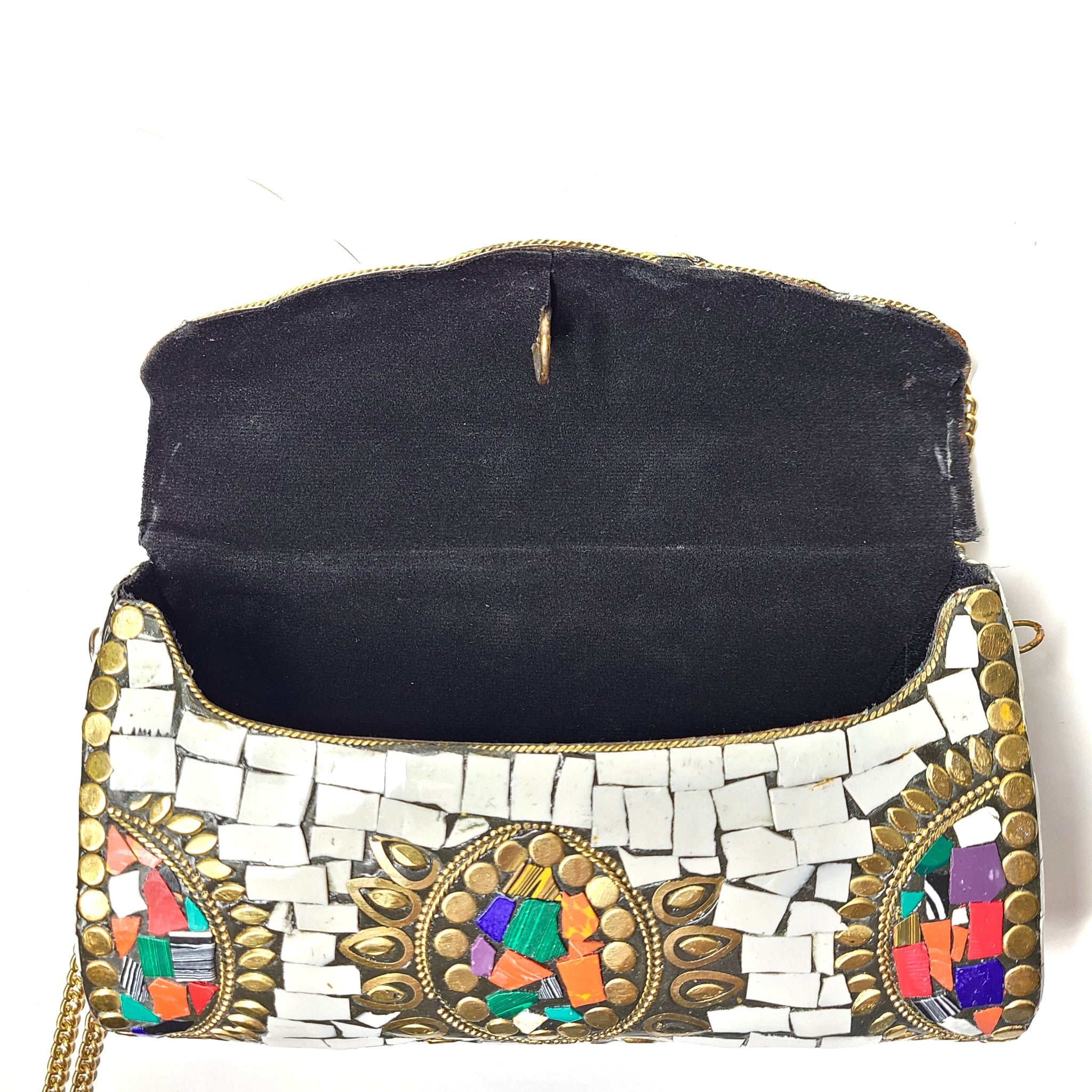 Equal Hands Multi-colored Stone Purse Handbag with Metal Inlay and Chain Strap