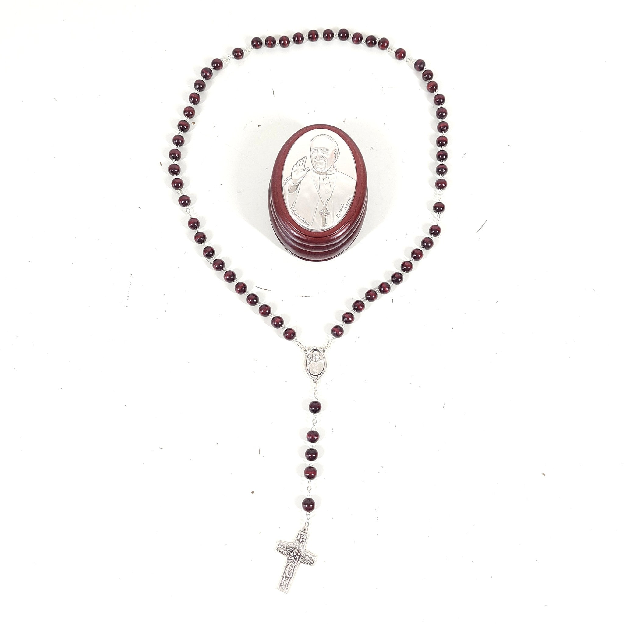 Pope Francis Oval Sterling Silver + Wood Icon Box + Rosary