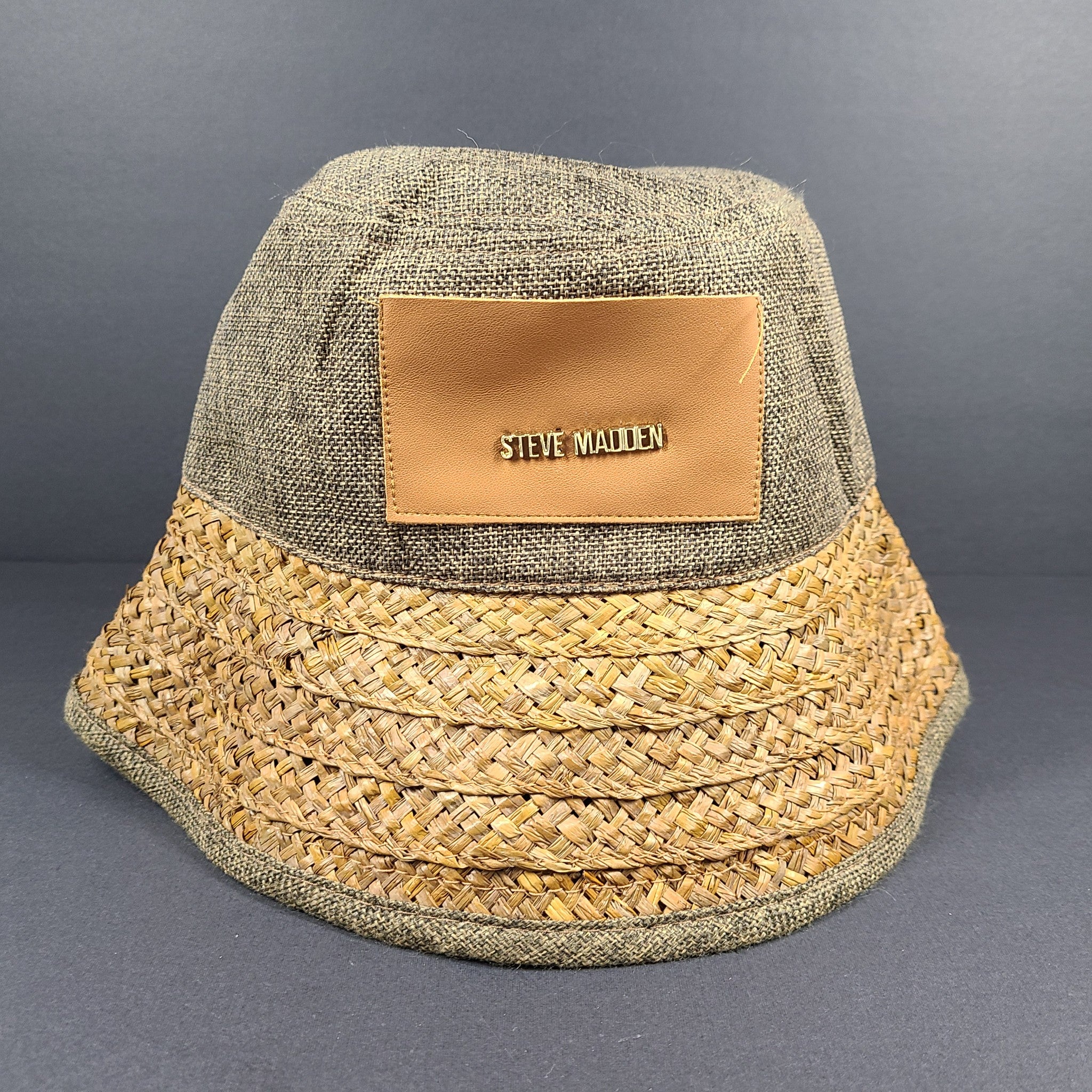 Steve Madden Bucket Hat w/ Plant Woven Brim Brown Beige One Size